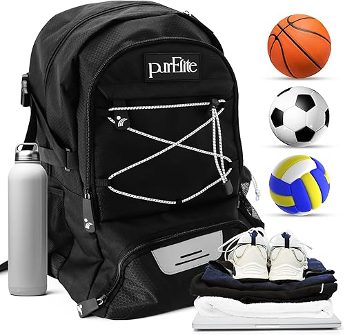 Miniatura 9 de PurElite Mochila de baloncesto extragrande con compartimento para zapatos y soporte para pelotas para niños y niñas, mochila impermeable 3 en 1,