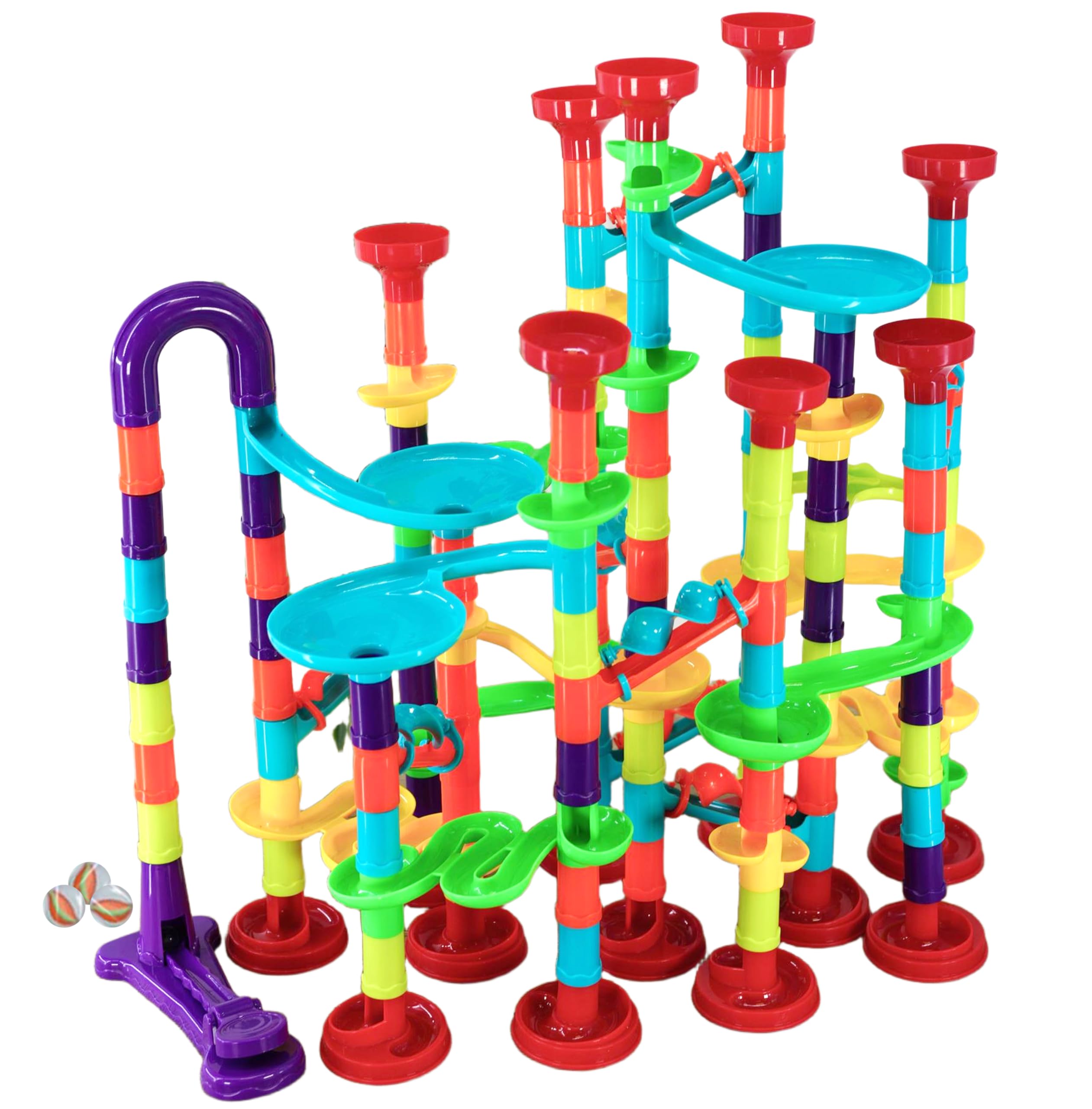 The Magic Toy Shop 197 Piece Marble Run Game Toy Set - Colourful 3D Maze Track Construction Kit with Glass Marbles - Educational STEM Building Blocks Race for Kids Boys & Girls Age 3+
