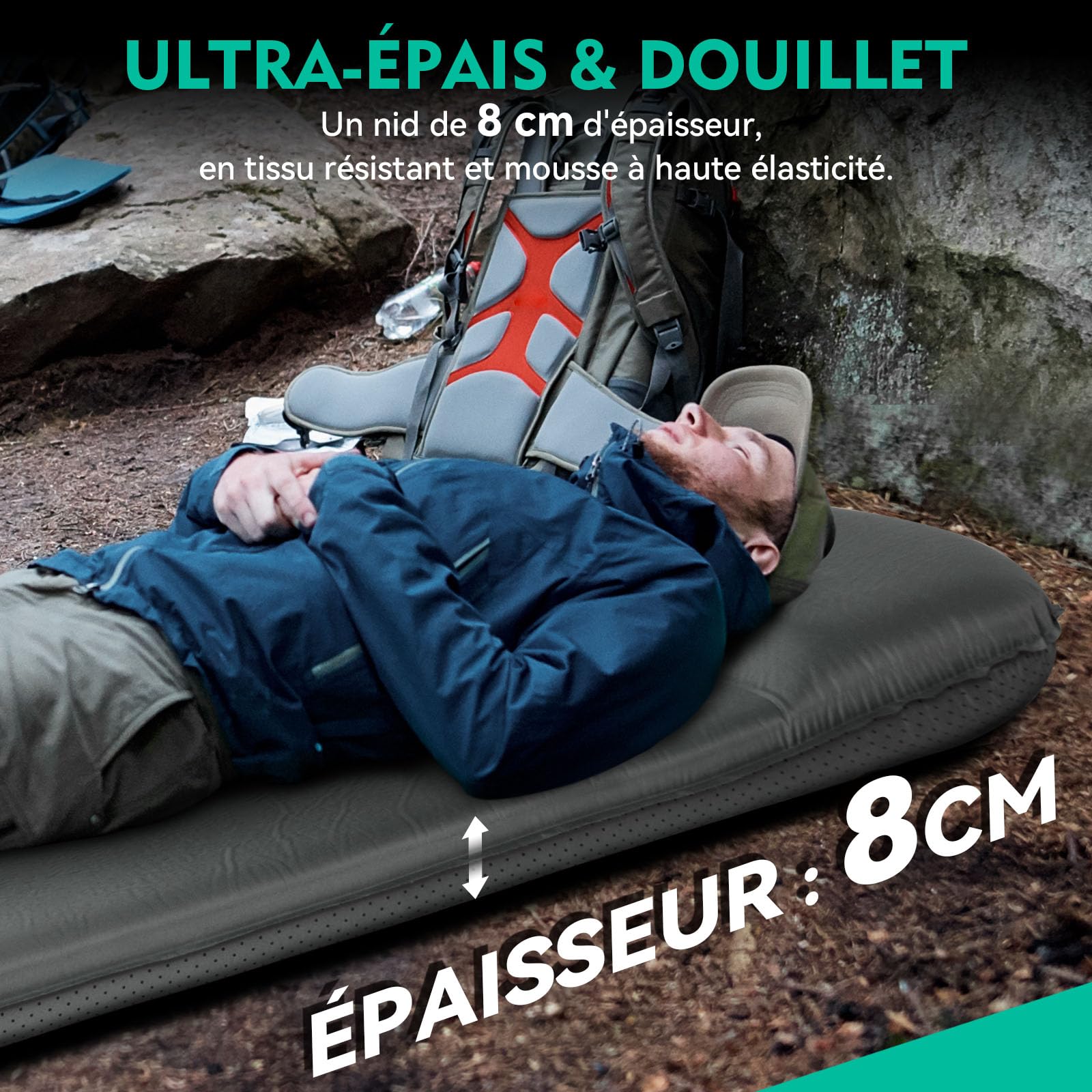 HIKENTURE Matelas Autogonflant en Mousse 8 cm - Ultra-Confort | Avec Oreiller et Silencieux - Valeur-R 9,6 Isolant 4 Saison - Matelas Camping 1 place pour Trekking, Randonnée et Bivouac
