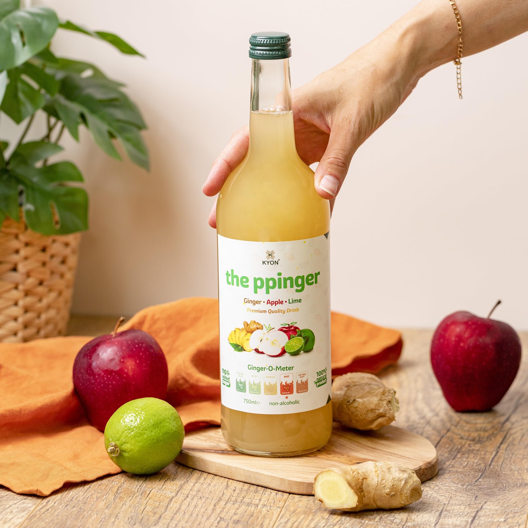 Kyon The Ppinger Drink - Succo di zenzero con mela, lime e fiori di sambuco, 750 ml, bevanda rinfrescante e analcolica allo zenzero, disponibile in confezioni da 12
