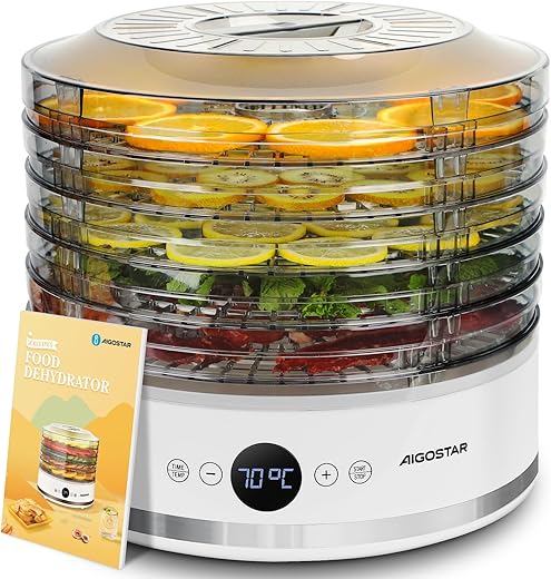 Aigostar 5 Tier Food Dehydrator Machine 380W with 48H-Timer, Fan Function, Recipe Book, LED Display and 35-70℃ Adjustable Temperature for Drying Meat, Fruit, Vegetable, Jerky, Pet Treat, BPA Free