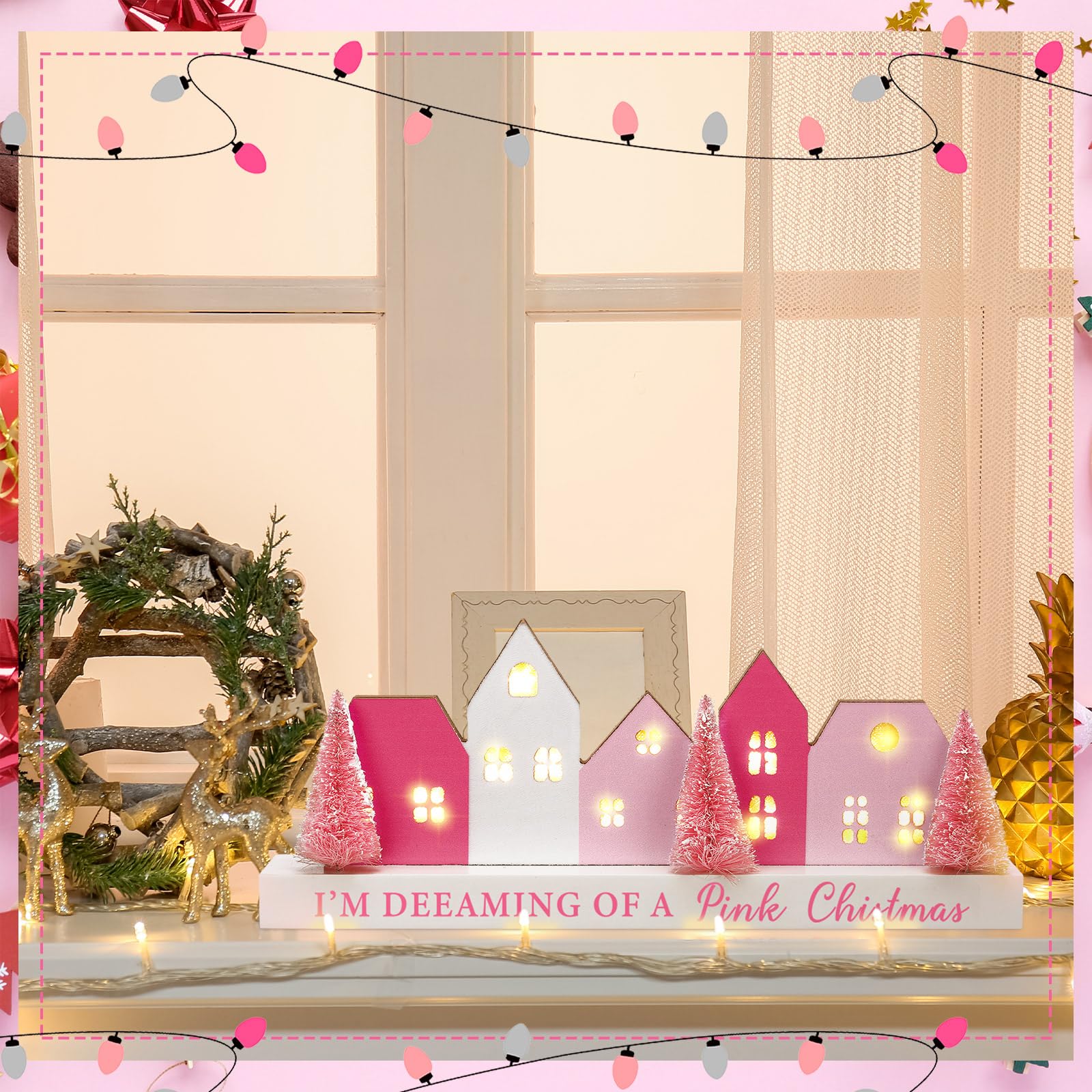 Amyhill Décorations de table de Noël en bois éclairées à DEL avec inscription « Merry Christmas » avec mots rustiques et rustiques - Bloc de table de fête de Noël - Décoration d'intérieur (rose)
