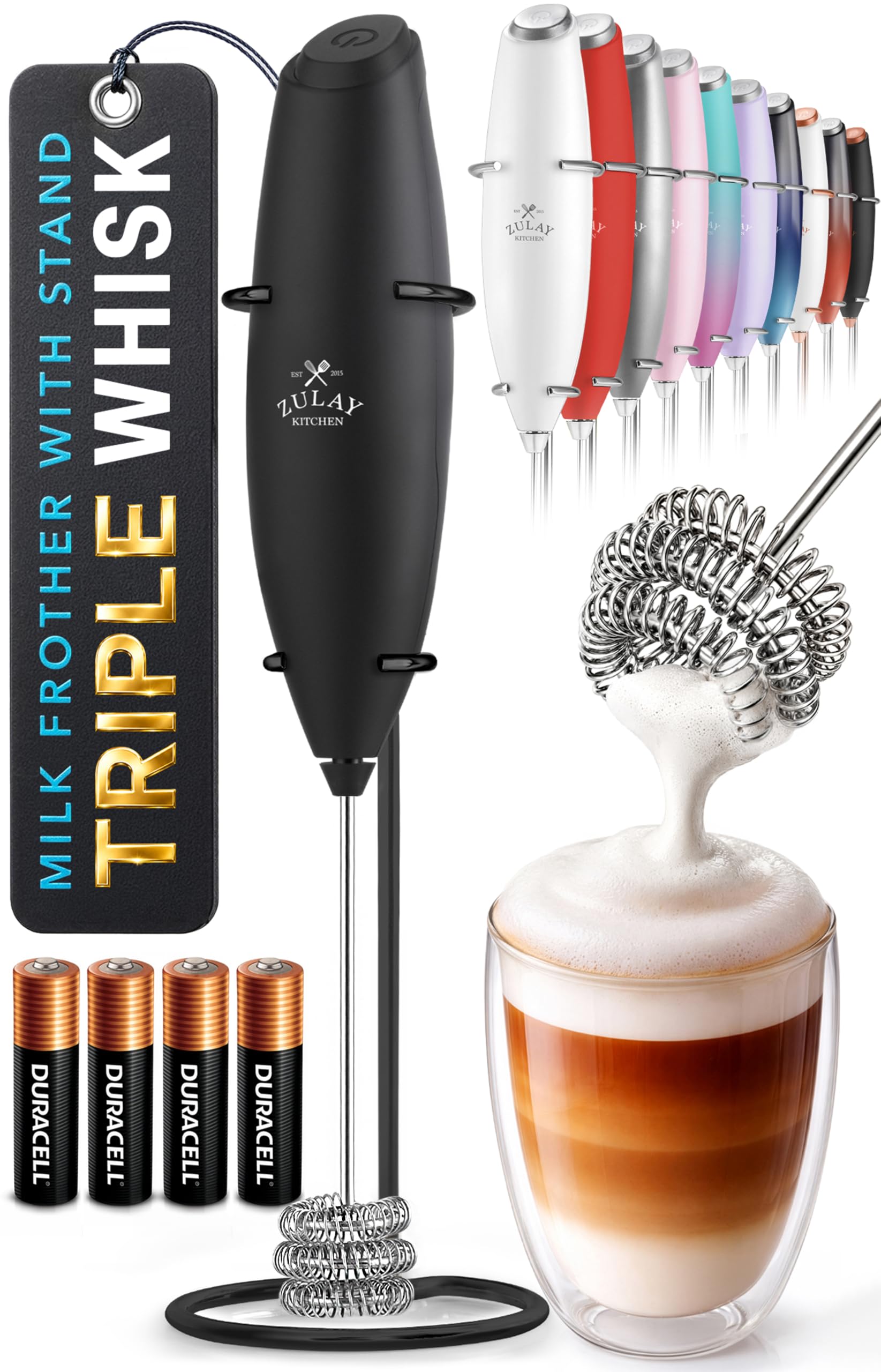 Zulay Kitchen Powerful Milk Frother Wand With Duracell Batteries - Ultra Fast Handheld Drink Mixer - Electric Whisk Foam Maker for Coffee, Lattes, Cappuccino &amp; Matcha - Triple Whisk - Midnight Elite