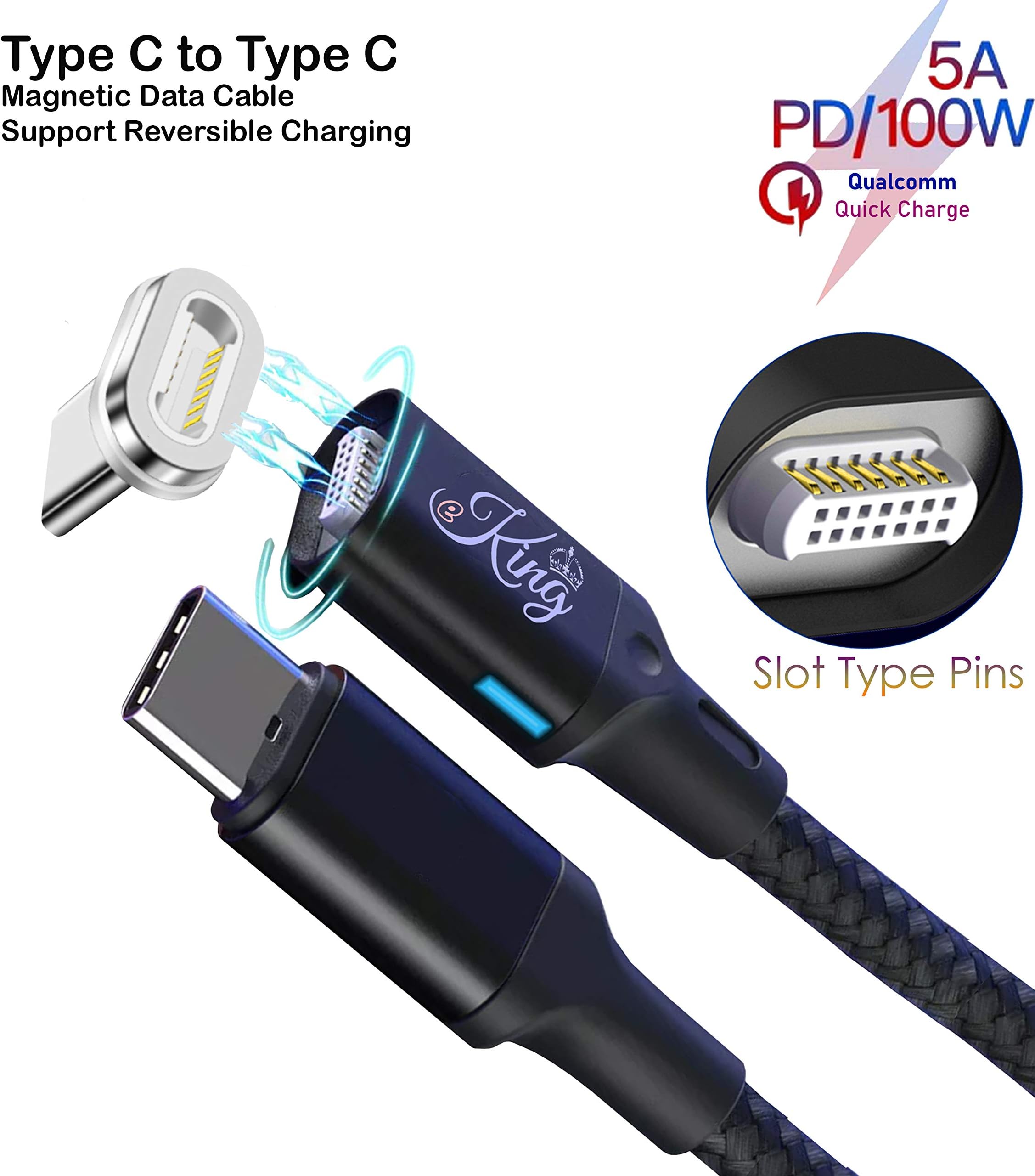 eKing™ Magnetic Fast Charging Data Cable USB C to Type C Cable PD & QC 100W 20V 5A Nylon Type C Cord Compatible with MacBook Pro, Nintendo Switch, Samsung Galaxy, Dell XPS Huawei 1.8m Black
