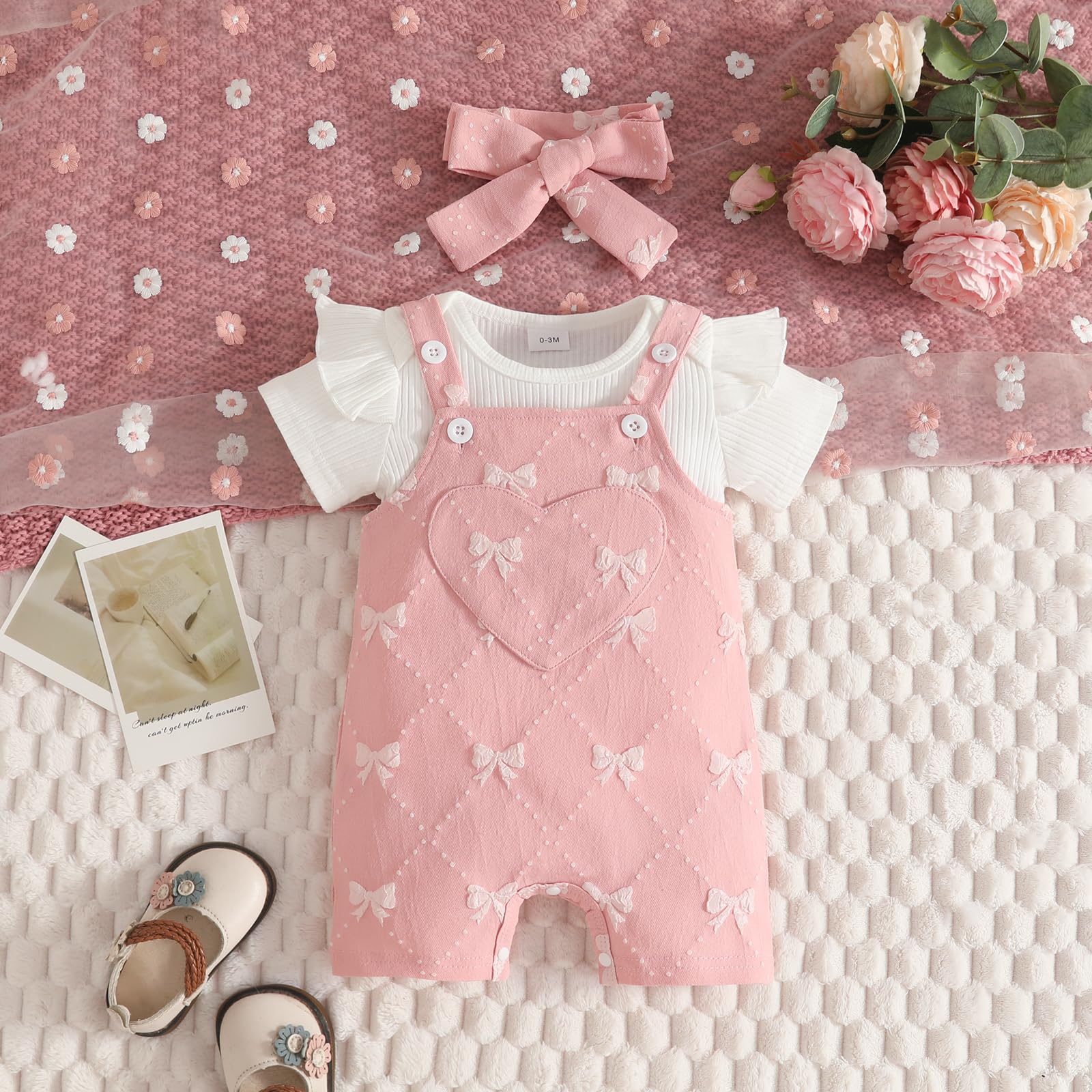 Completo Estivo per Bambina Top a Coste Pantaloncini con Bretelle e Stampa Floreale con Fascia Capelli