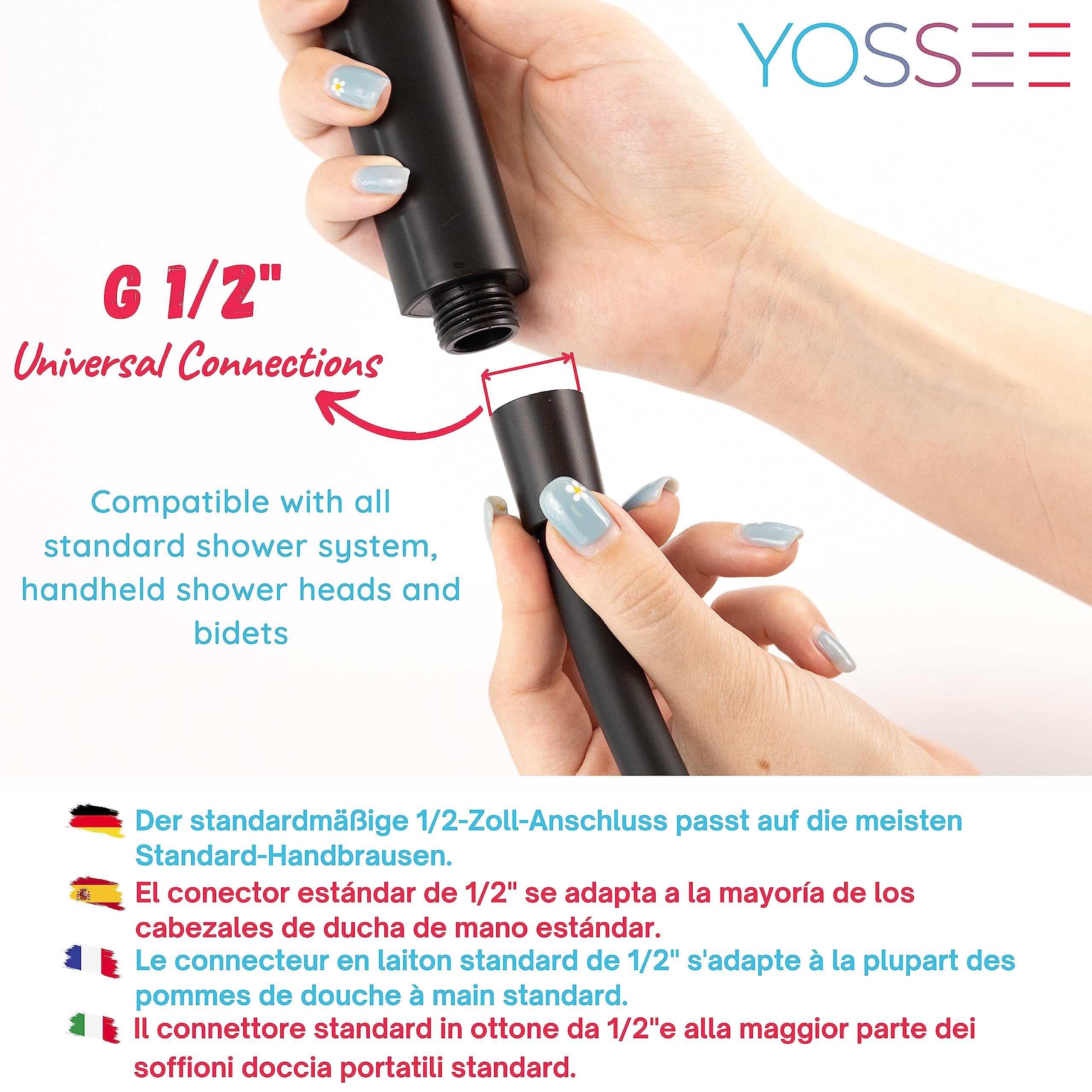 YOSSEE 1.5m Tubo Doccia Flessibile Nero PVC Di Ricambio Universale, Antipiega E A Prova Di Perdite E Resistente Ad Alta Temperatura Connettore In Ottone