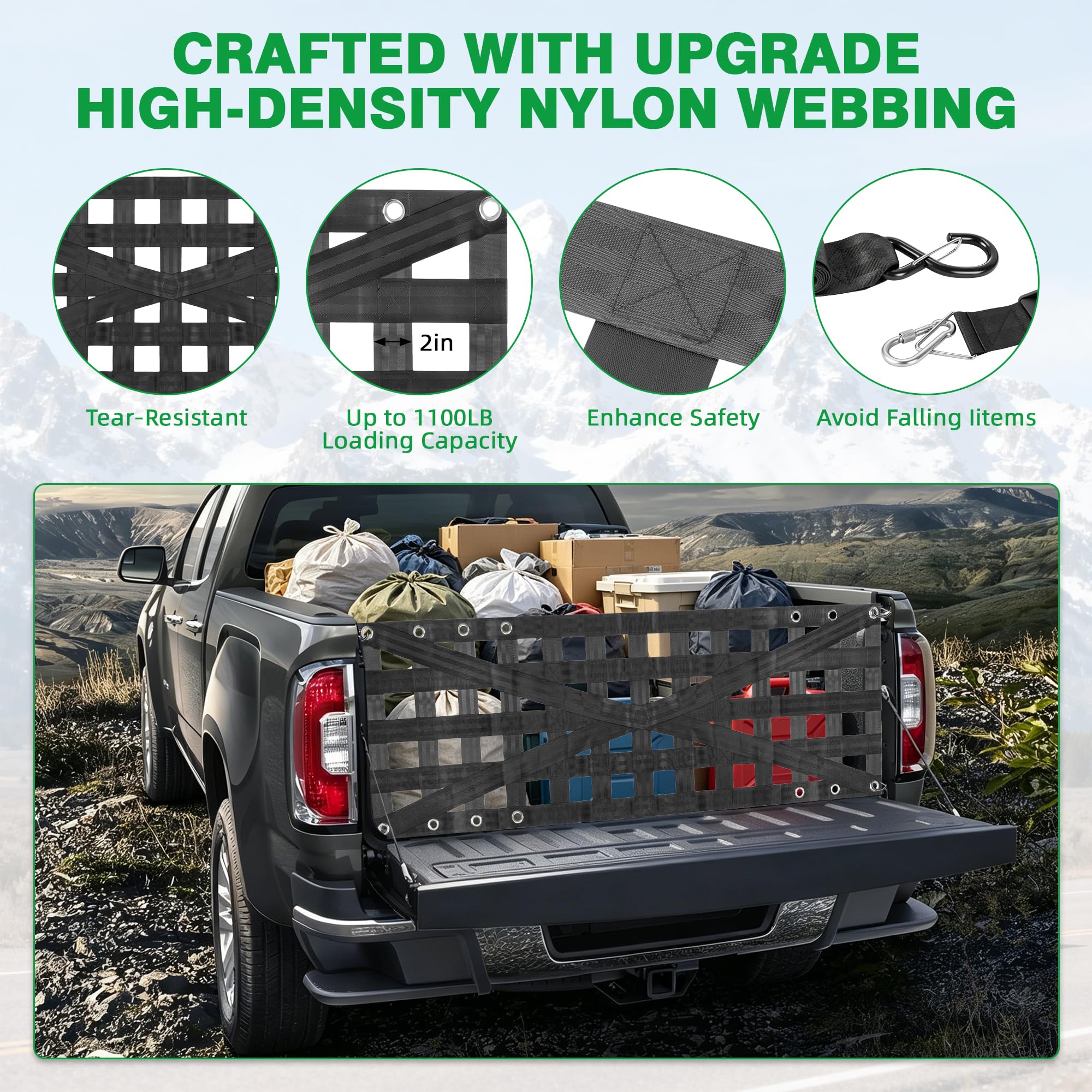 Strapazierfähiges Heckklappennetz für Pickup-LKW-Bett, 152,4 x 45,7 cm, mit 4 verstellbaren Schnallenriemen, langlebiges Heckklappen-Gepäcknetz für Anhänger, Pickup, Boot, Jeep, SUV