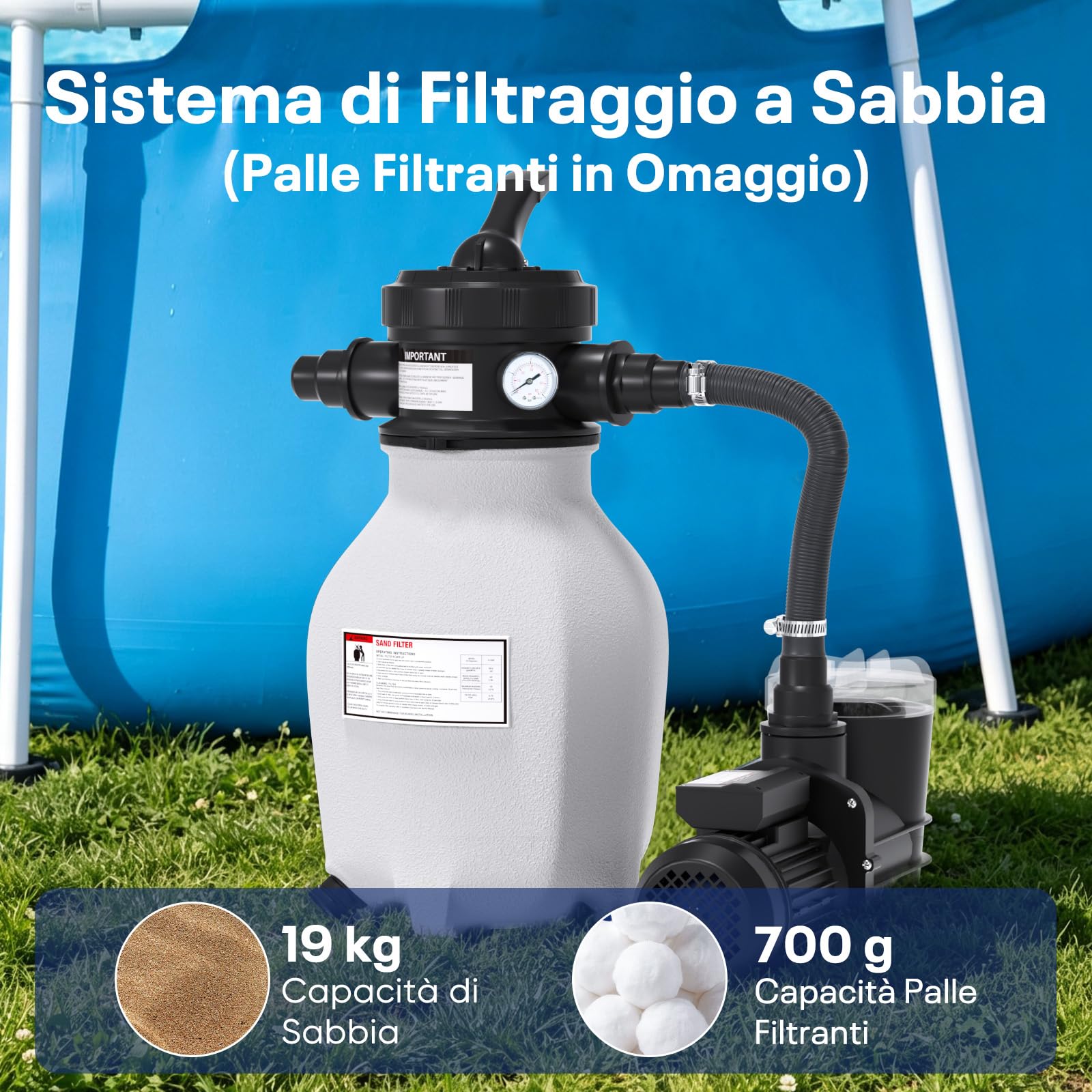 POOLPURE Impianto filtrante a sabbia, 6 m³/h, con sfere filtranti da 700 g, valvola a 7 vie e adattatore 2 in 1, diametro da 32 mm a 38 mm, filtro per piscina con indicatore di pressione, ricambio per