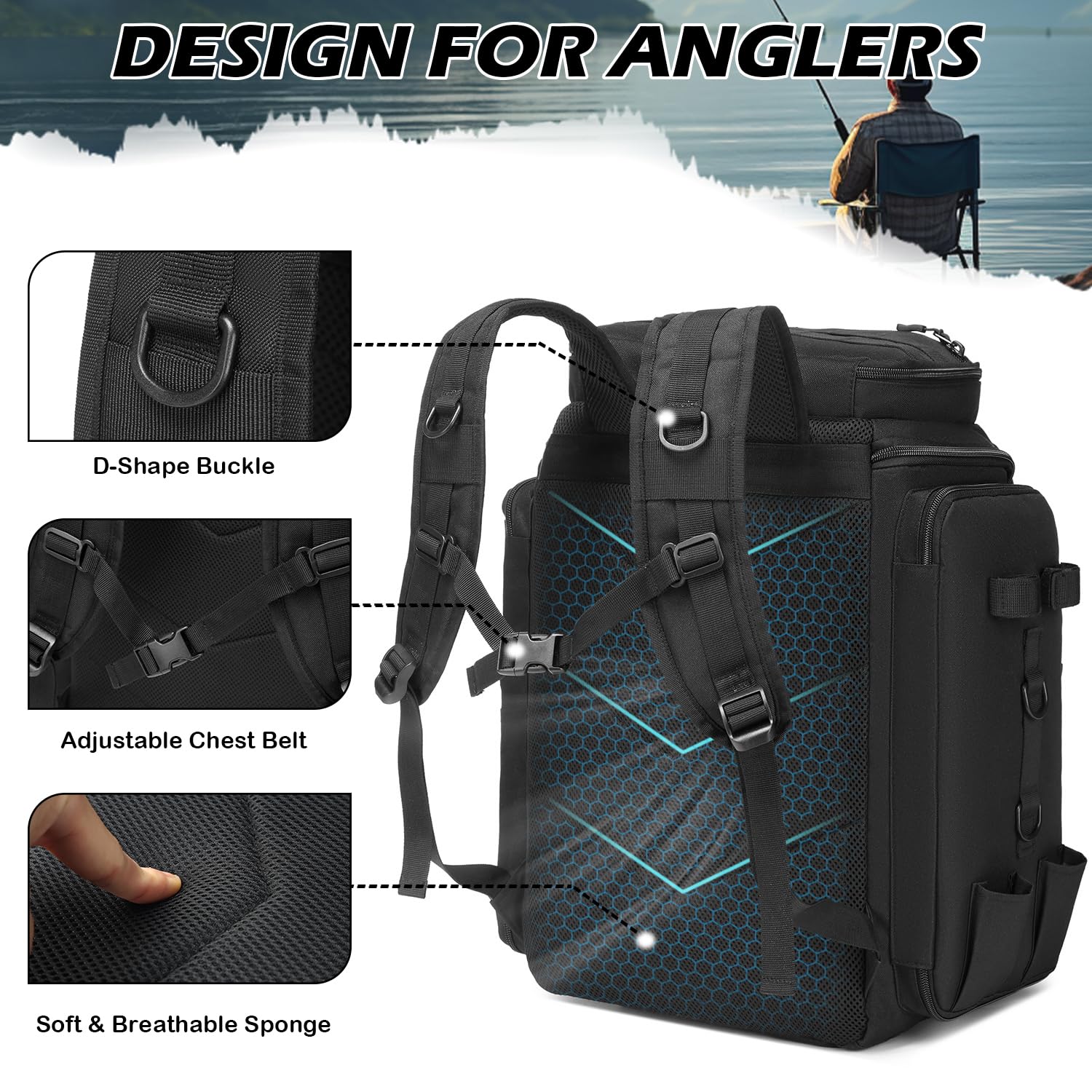 Zaino da pesca con 4 scatole e supporti per canna da pesca da 45 l, impermeabile, per pesca, escursionismo, campeggio, trekking (nero)