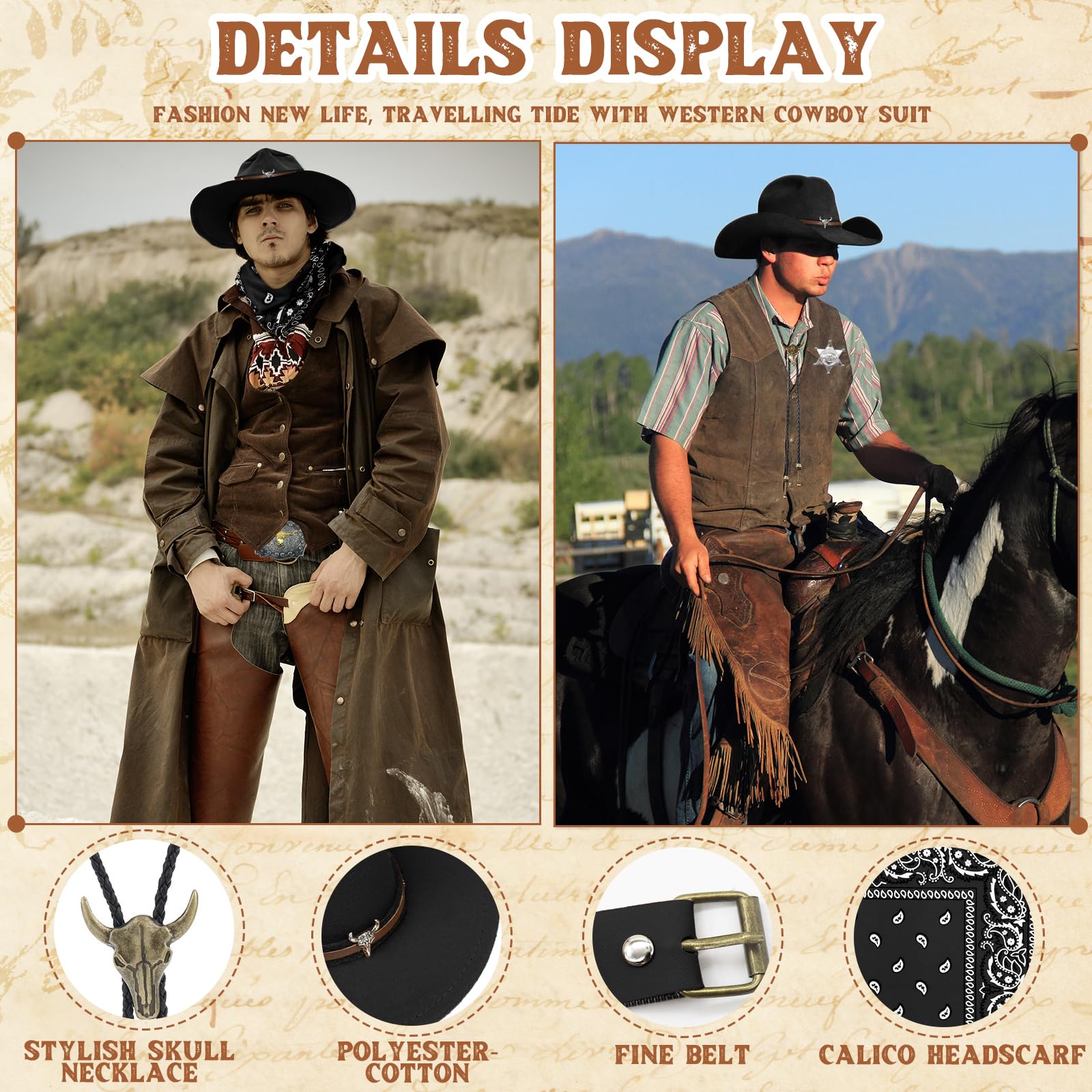 8 Stück Cowboy Kostüm Zubehör Set, Deluxe Western Cowboy Outfit Kit mit Brauner Hut Paisley Bandana Holster Gürtel Boloschnalle Krawatte Halskette Sheriff Abzeichen für Herren Cosplay Party