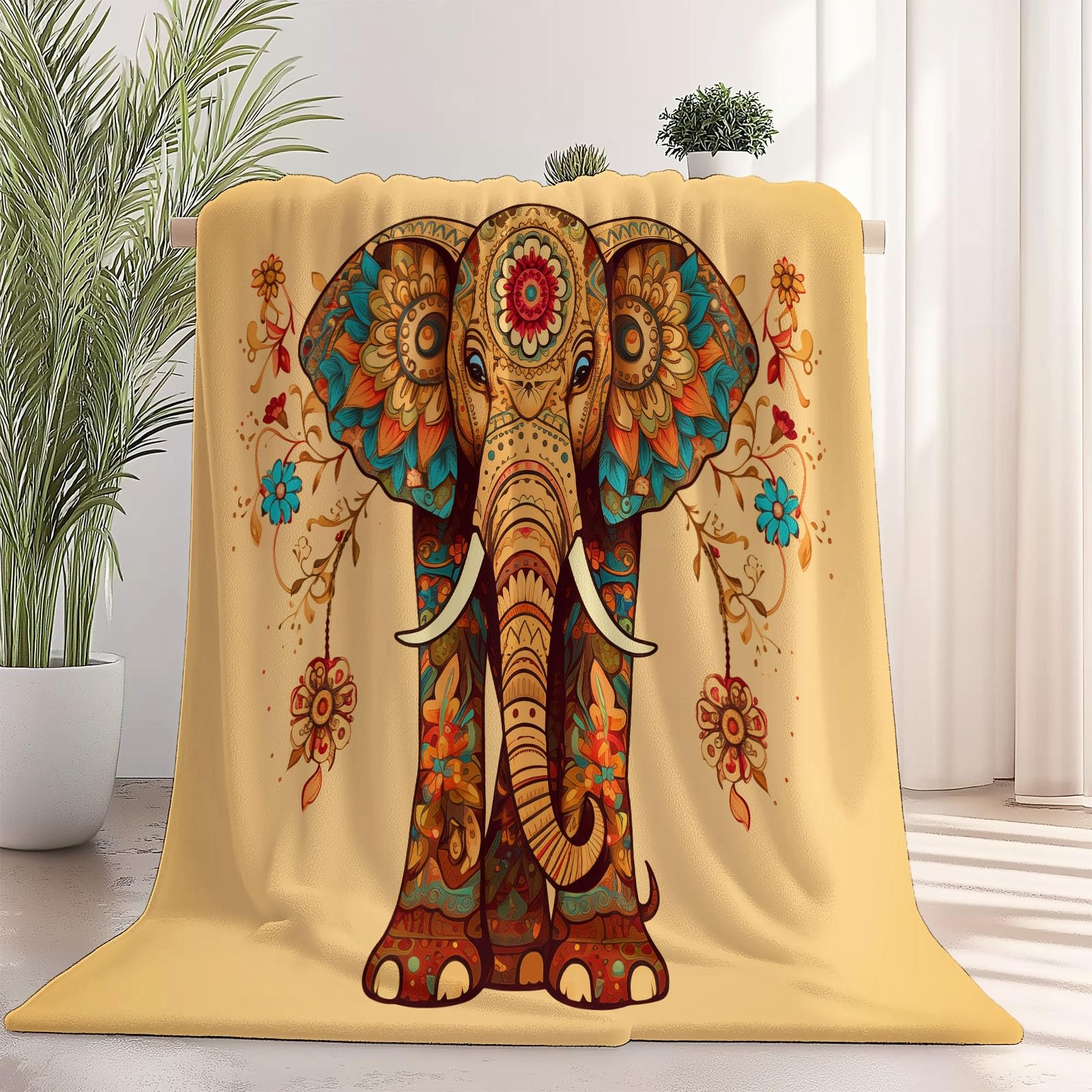 Manta de Franela Súper Suave 80 x 150 cm – Manta Cálida con Estampado de Elefante de Dibujos Animados con Flores, Ideal para Sofá Cama o Viaje Amarillo