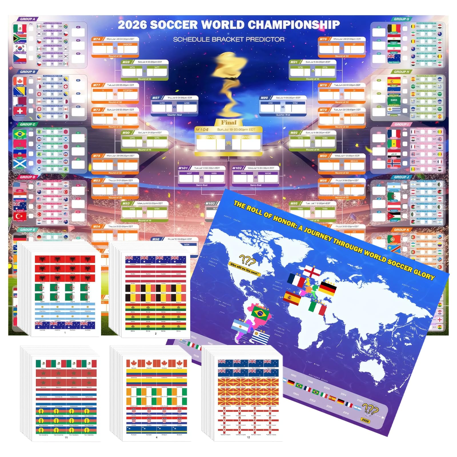 World Cup Wall Chart 2026, Complete Football Tracking Poster Set with 600 Flag Stickers, Match Poster for Home and Sports Venue Decorations, World Cup 2026 Merchandise and Party Organisation