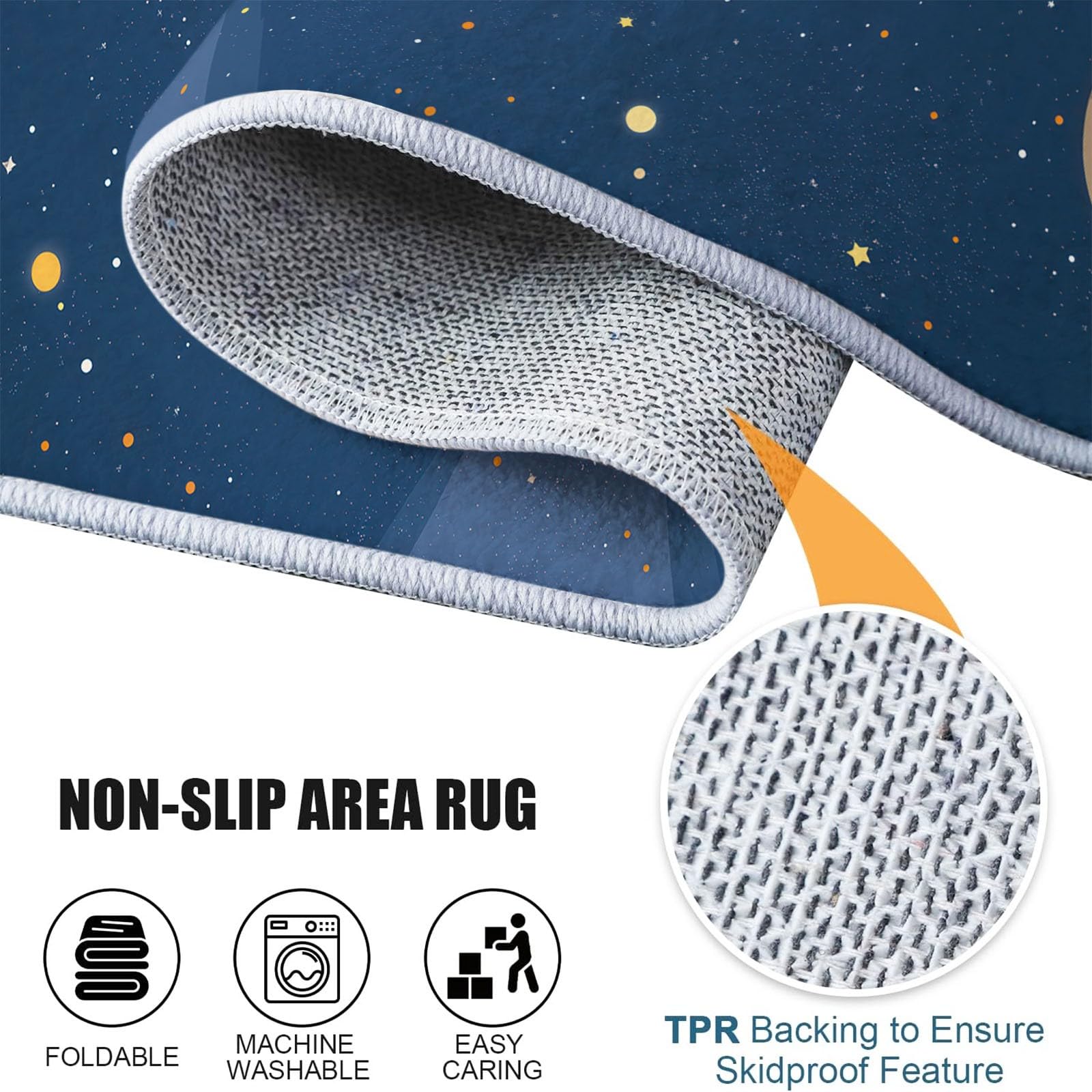 200 cm Tapis de Salon Rond à Poils Courts, Espace Cartoon Tapis de Sol Décoratif Doux et Confortable, Bleu Blanc Fusée Planètes Lune Lavable et Antidérapant pour Salon Chambre Chambre d'enfant