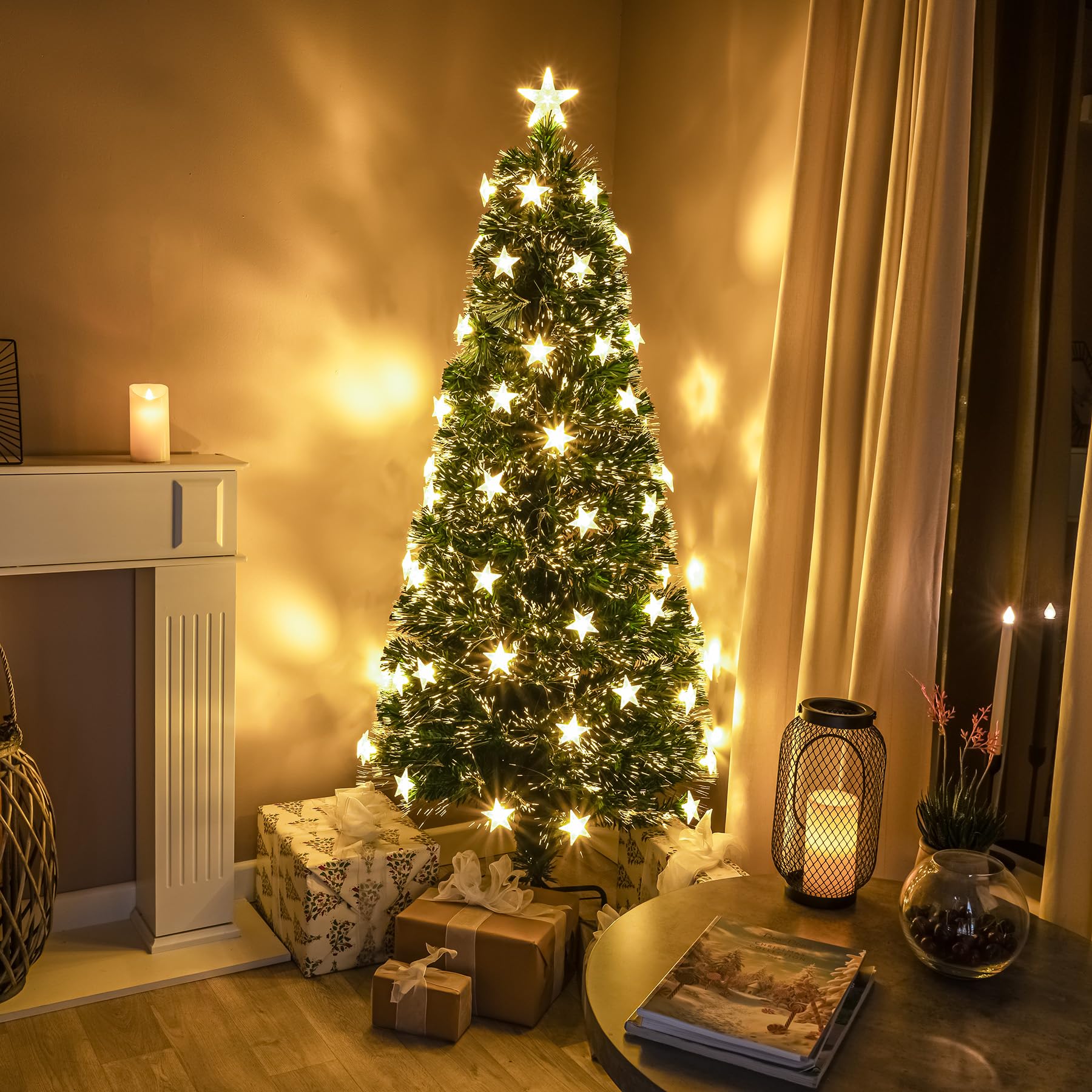 7ft Green Fibre Optic Christmas Tree with Warm White Fibre Optics LED Lights and Stars