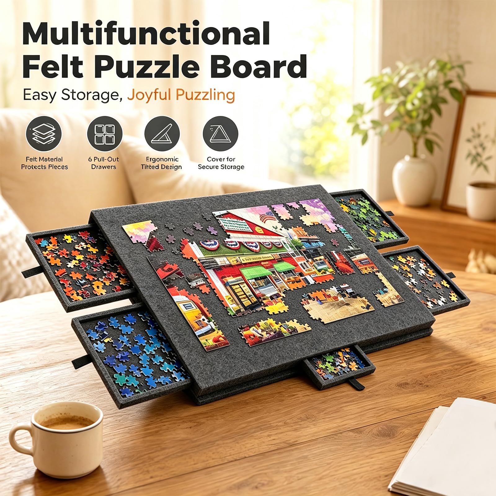 Deska do puzzli 2 w 1 na 1000 elementów z 6 szufladami, uchylny i składany stół do puzzli z filcu z pokrywą i stojakiem, przenośna teczka do przechowywania puzzli (czarna)
