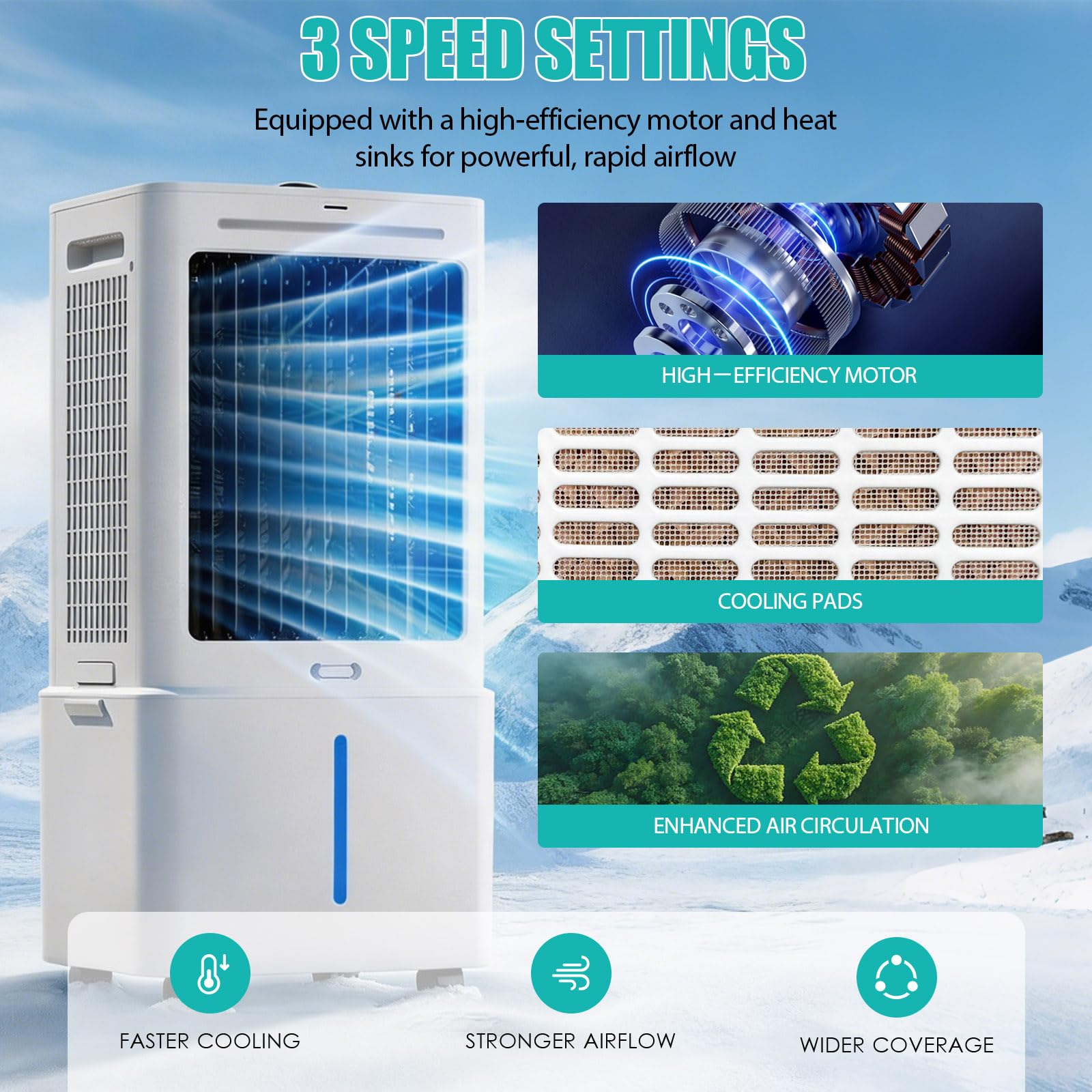 Climatizador Evaporativo Silencioso 25L Sin Tubo con Mando, Ventilador de Agua 24 Velocidades, 6 Bloques de Hielo, Temporizador 12H, Oscilación 90° para Habitación, Oficina, Garaje