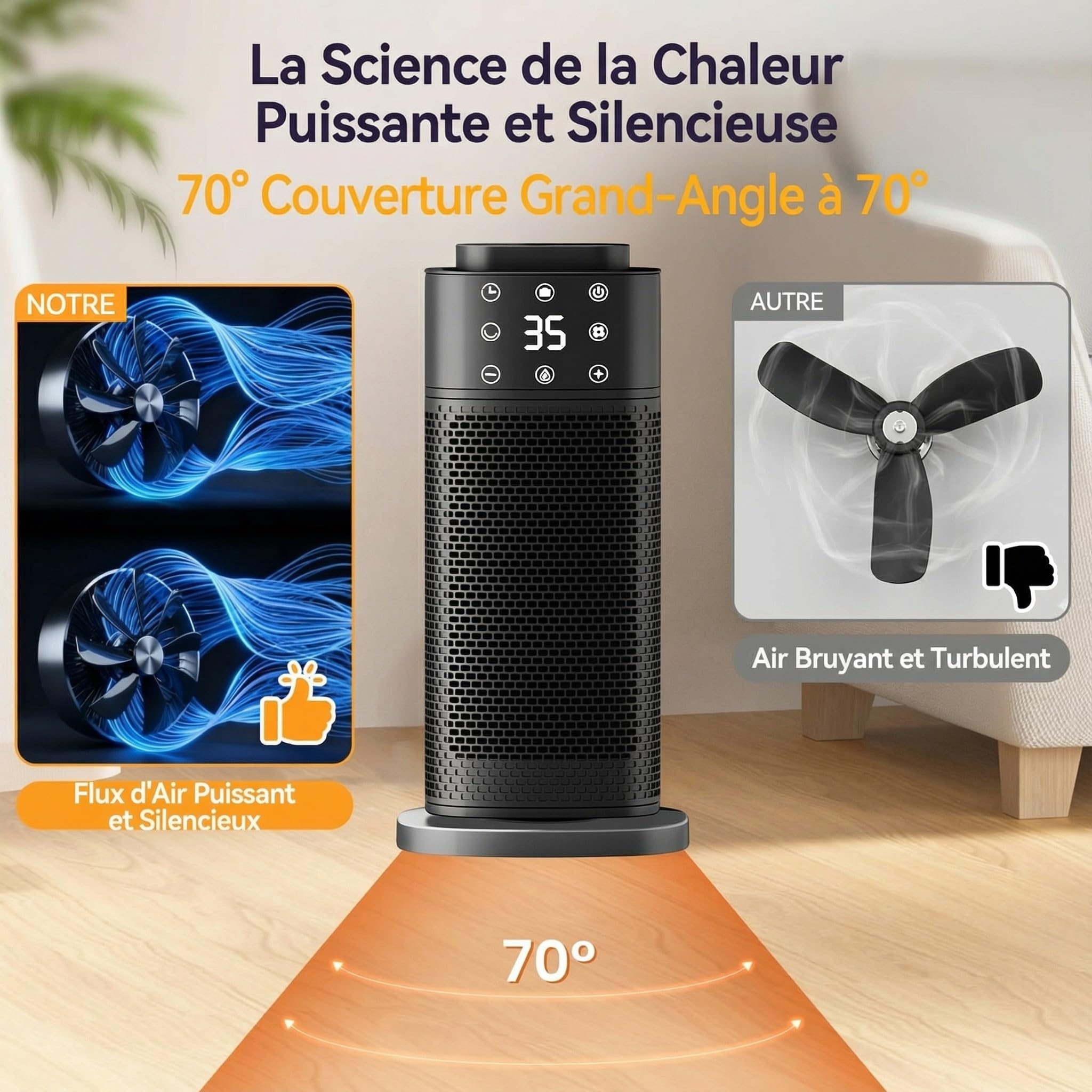 Chauffage d'appoint,radiateur electrique,2000W, Basse Consommation et Silencieux, avec Humidificateur & Minuterie