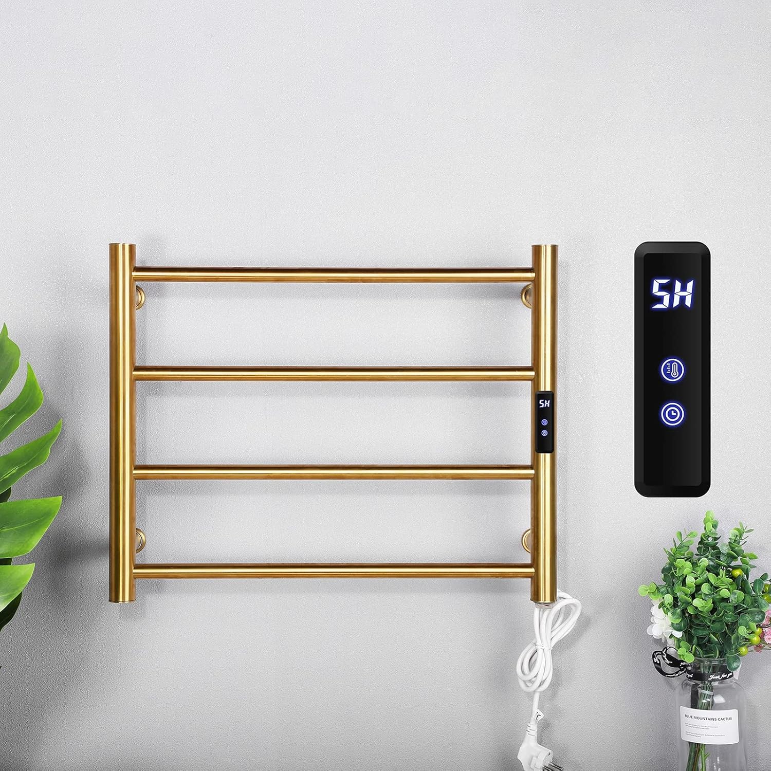 Towel Warmer Wall Mounted Gold Electric Heated Towel Rack with Timer, 4 Bars Heated Towel Rack 304 Stainless Steel 58W Energy Efficient Towel Warmer Rack for Bathroom,Plug in