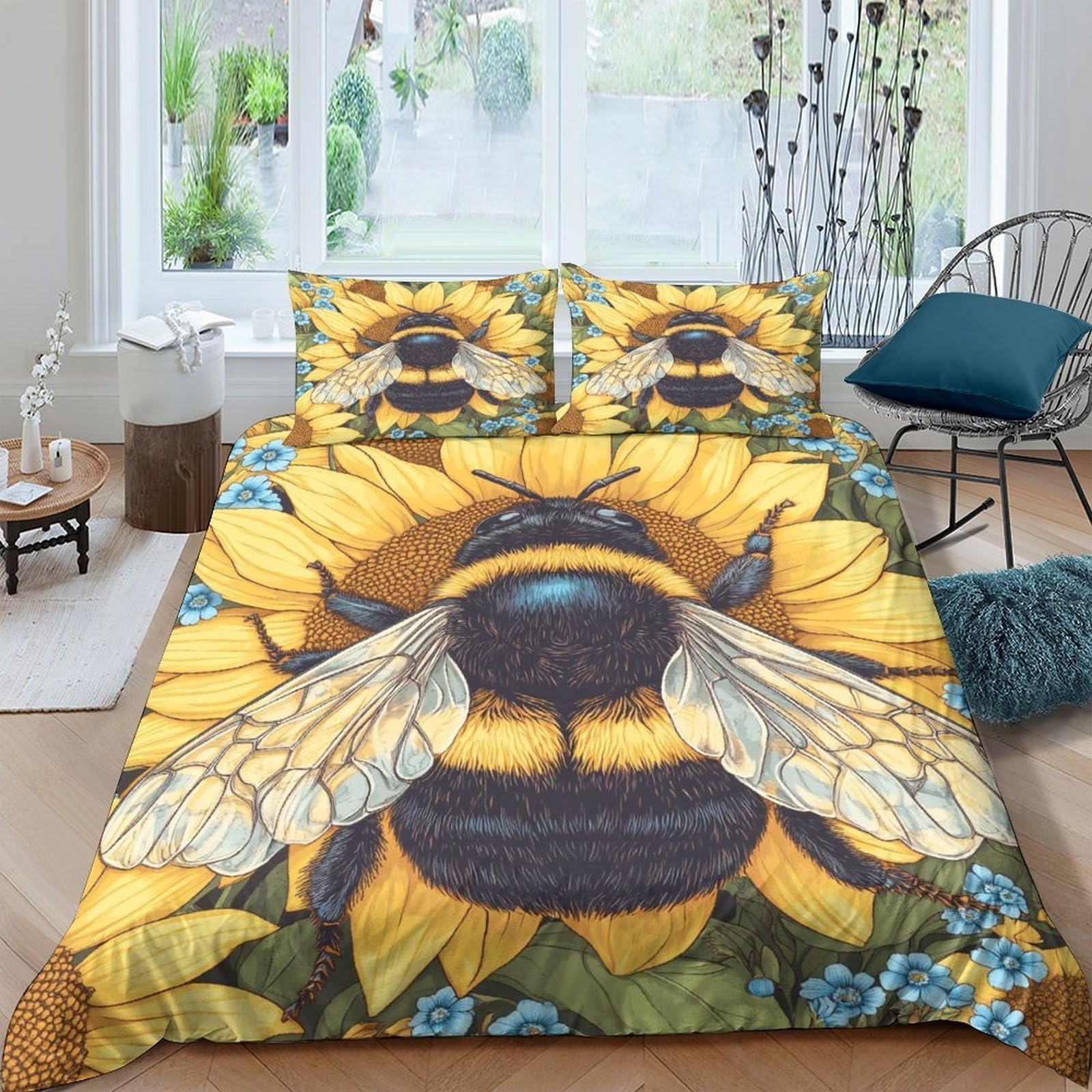Ctjqhvkz Style-3 3D Printed Sunflower Bee Fitted Sheet Microfiber Soft Yellow Black Mattress Cover For Bedroom Dorm Decorative Easy Care Single（135X200cm）