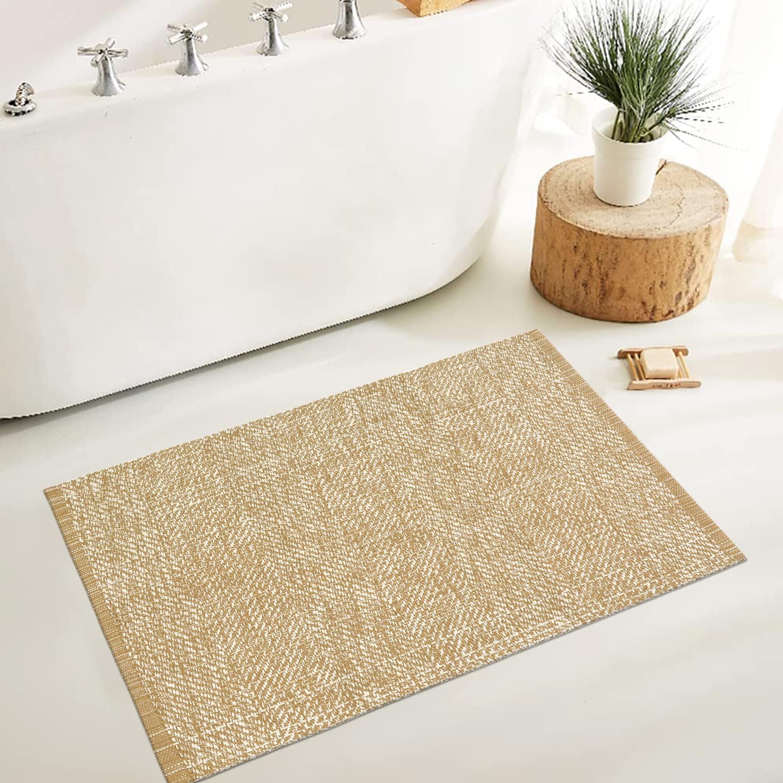 LEEVANWashable Bathroom Rug, 2'x3' Low Profile Entryway Rugs Tan Front Door Mat Cotton Reversible Kitchen Mat Boho Bedroom Rug Farmhouse Carpet for Foyer Front Porch DecorOEKO-TEX STANDARD 100