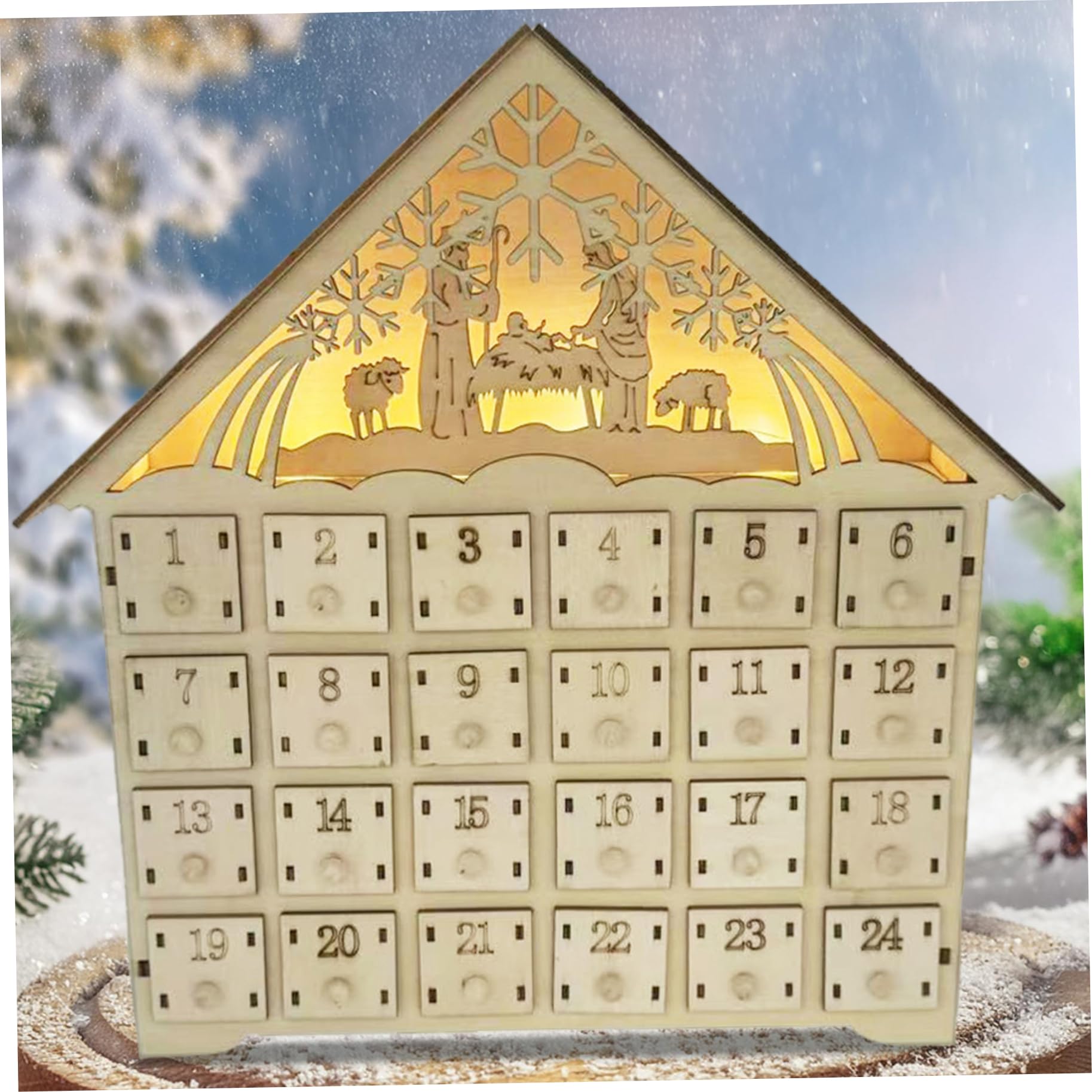 Calendario dell'Avvento in legno con cassetti e contatto del conto alla rovescia a 24 giorni per il calendario dell'avvento di Natale 2025 batteria a funzionamento per adulti per bambini decorazi