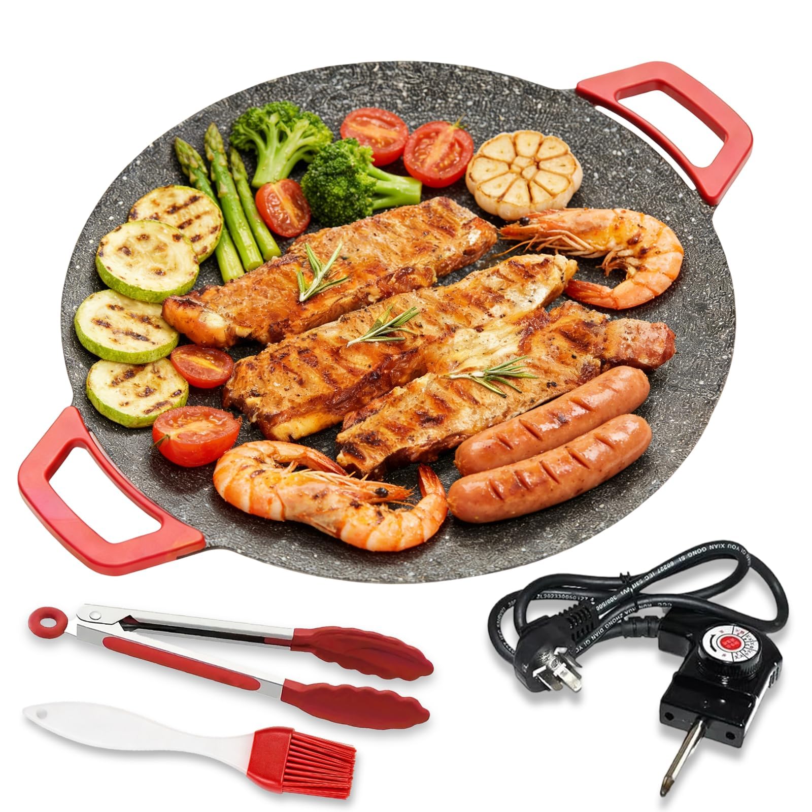 Indoor Smokeless Electric Griddle – 1000W Adjustable-Temp Comal Electrónico para Tortillas, Non-Stick Round Plate (12/14/16 in), Oil Drain (14in)