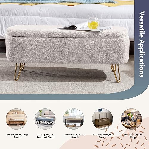 Miniatura 5 de mikibama Banco otomano ovalado de almacenamiento para dormitorio, extremo de la cama, bancos de cama de terciopelo con almacenamiento, botón de