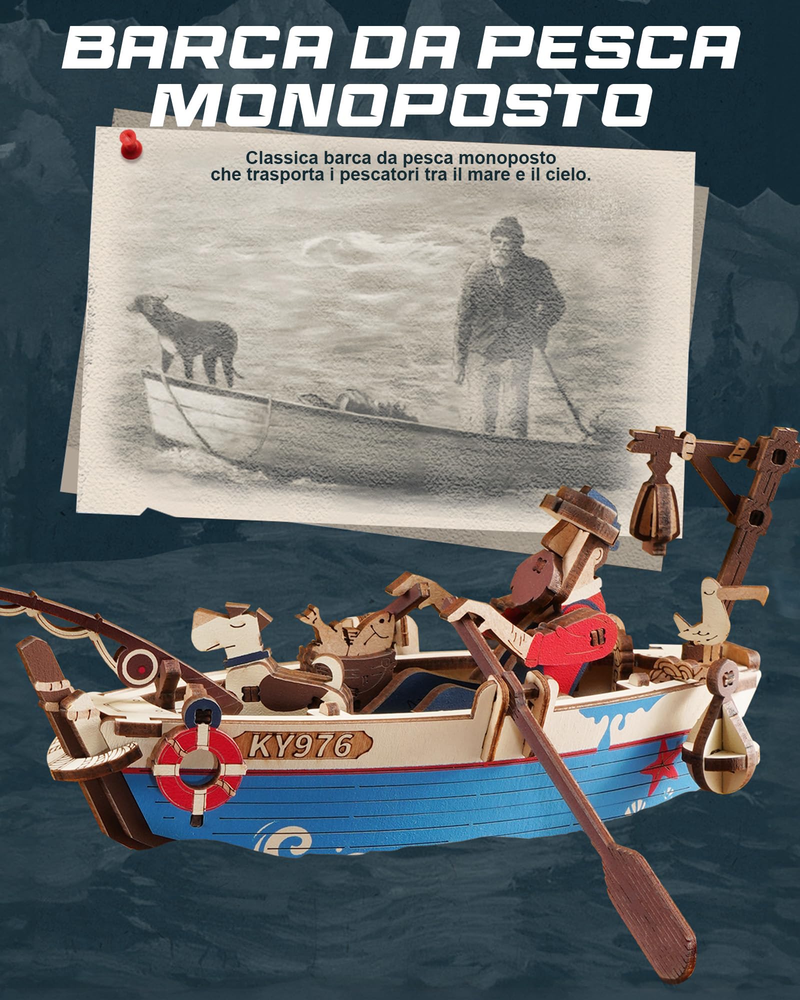 ROKR 3D Puzzle in Legno Barca, Modellismo da costruire Adulti Pescatore Oceanico, Oscillazione Gravitazionale Decorazione, Regali per adulti e bambini, Ocean Fisher MCD02