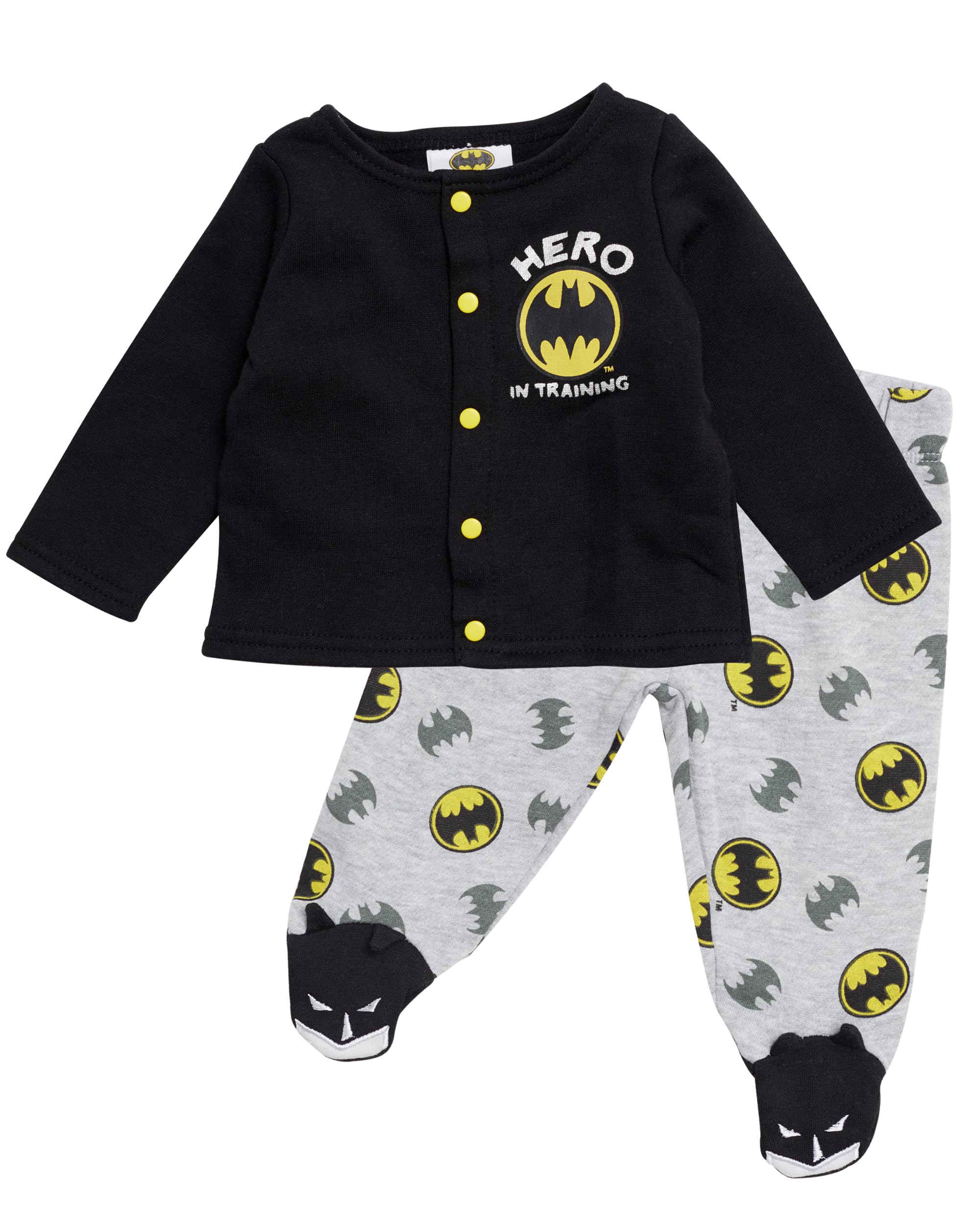 BATMAN Baby Boys Newborn Outfit with Snap Shirt and Baby Footed Pants Baby Clothes (Black/Grey/Yellow, 0-3M)