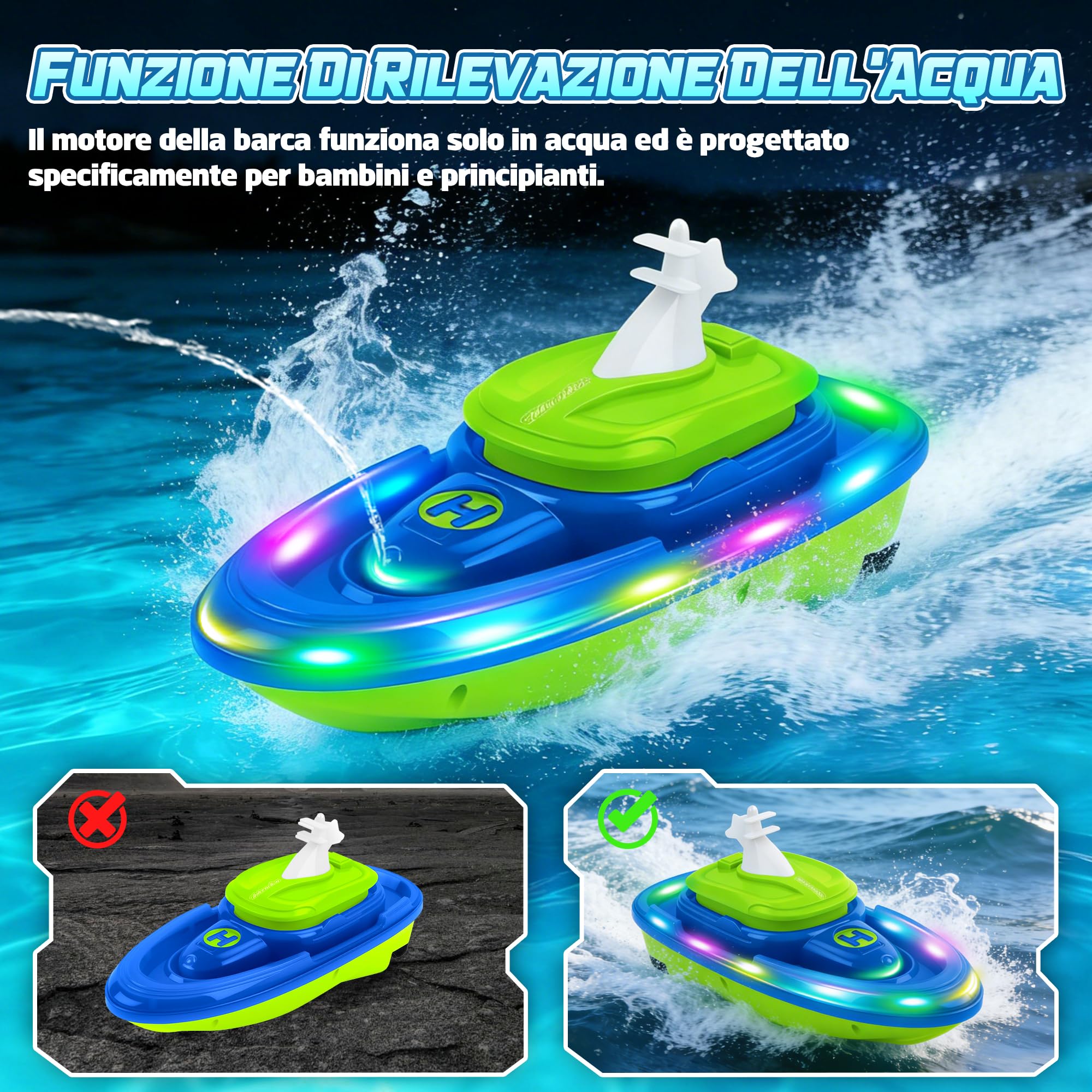 FORMIZON Barca Telecomandata, Motoscafo Telecomandato con Spruzzi d'Acqua, Barca Radiocomandata con Luce e Funzione Rotante a 360 Gradi per Piscine e Laghi (Blu)