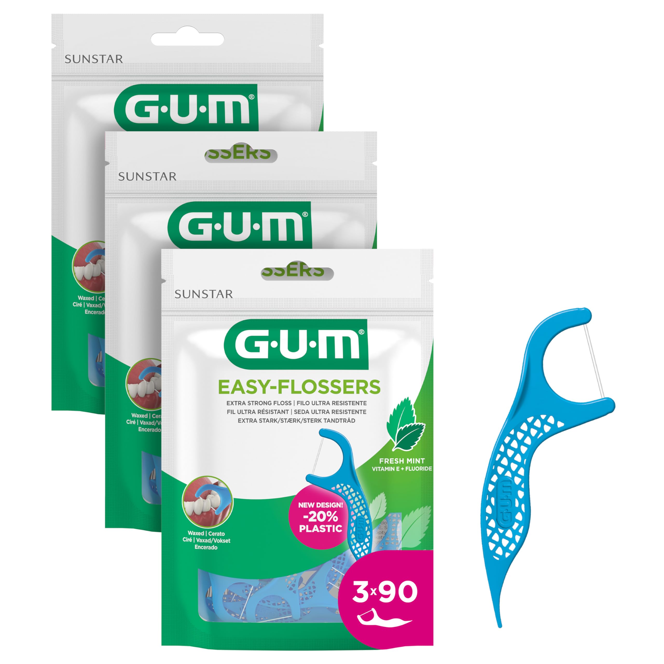 GUM EASY-FLOSSERS | Forcelle interdentali | Rimuove la placca e i residui di cibo tra i denti| Rivestimento al fluoro e vitamina E | 3x90 Pezzi