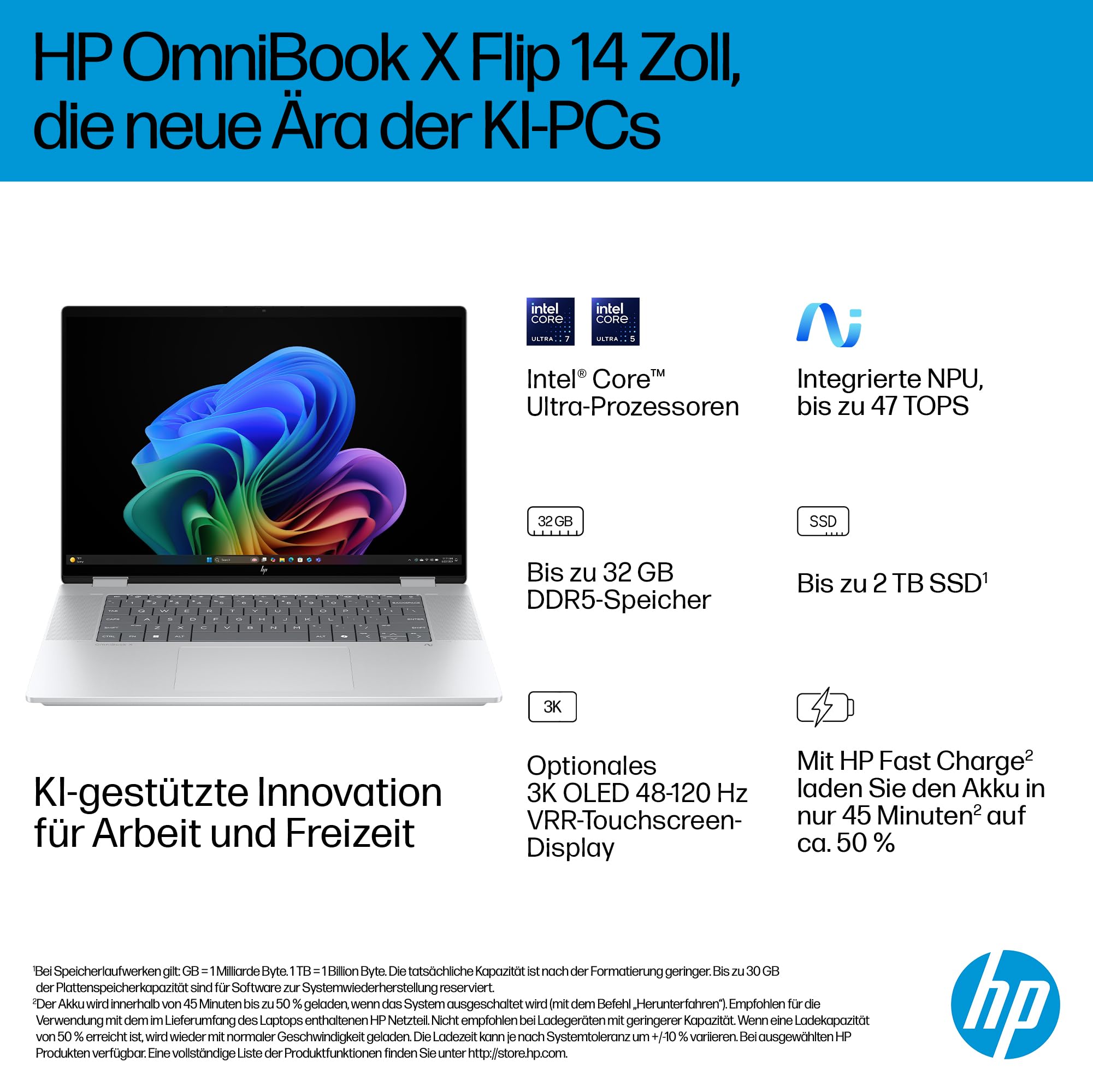 HP OmniBook X Flip 2-in-1 Laptop (16" 2K Touchscreen, Intel Core Ultra 5, Copilot+, 16GB RAM, 512GB, Win 11, QWERTZ) - Silber