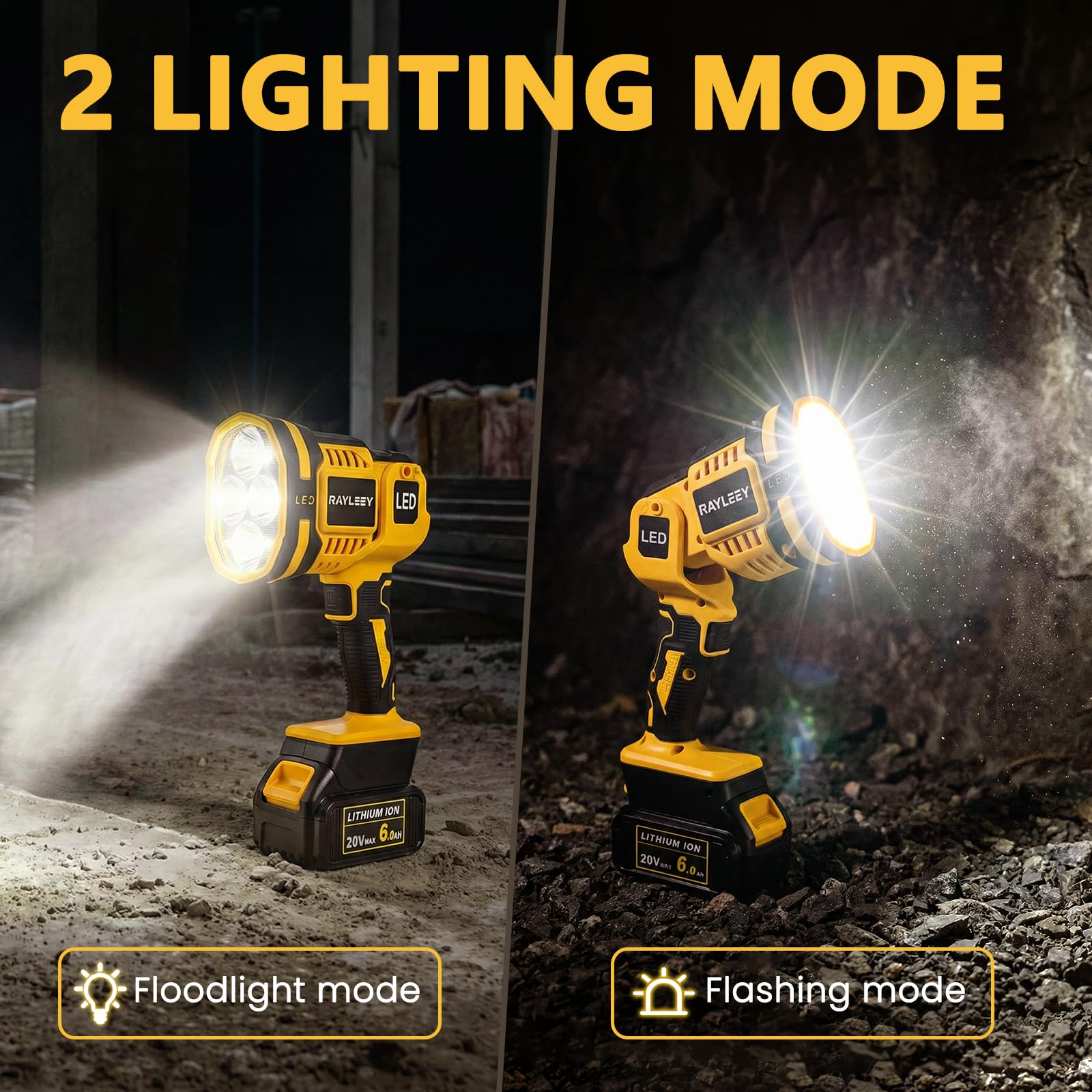 RAYLEEY Handheld Spotlight Compatible with Dewalt 20V Battery, Cordless LED Work Light, Outdoor Flashlight with Flashing Mode and Pivoting Head, for Workshop, Camping, Jobsites (Battery Not Included)