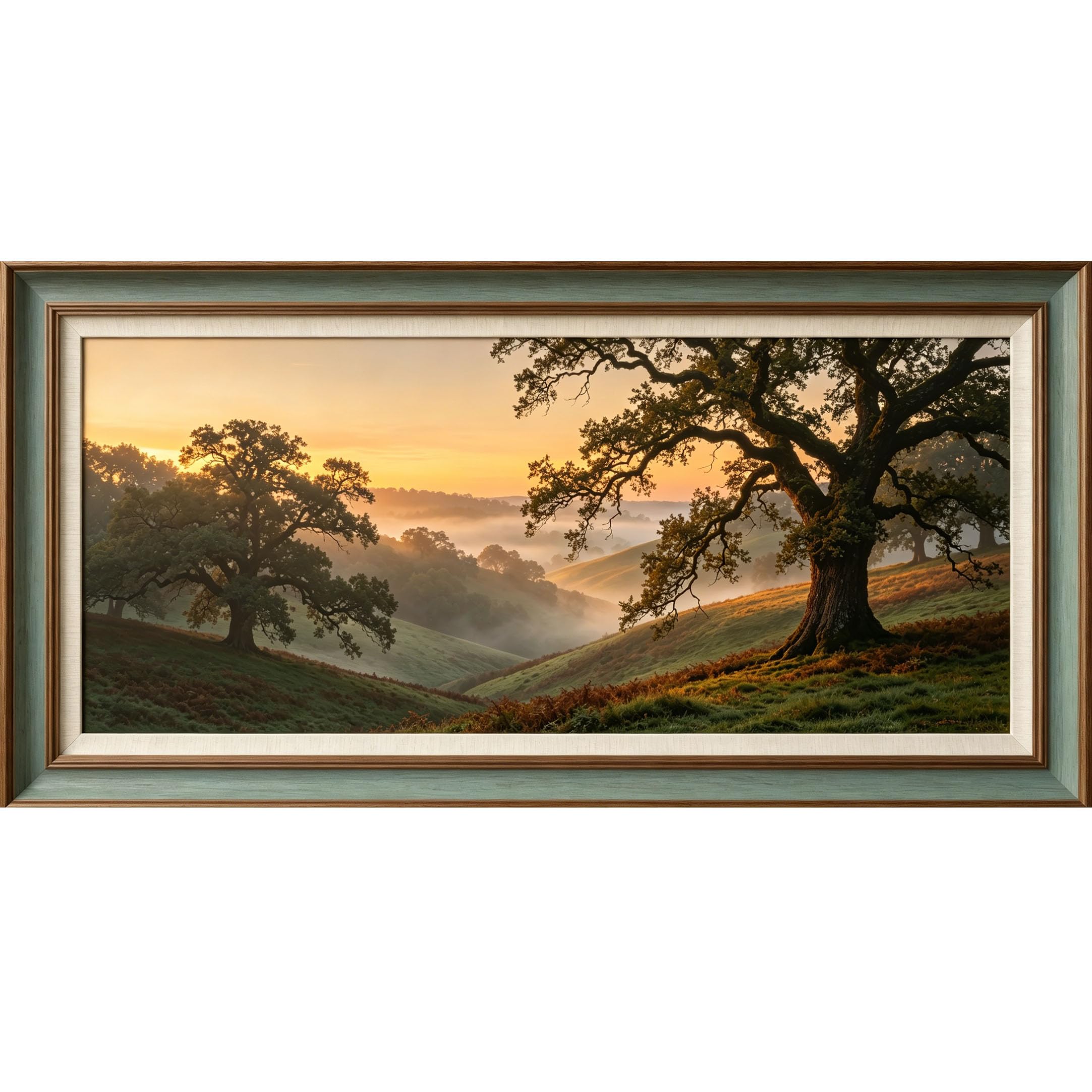 Agglomerix 3D Framed Wall Art Oak Trees Mountain Landscape Sunbeams Mist Forest Large Size SelfAdhesive Removable Wall Decor Prints Artwork for Living Room Bedroom Office