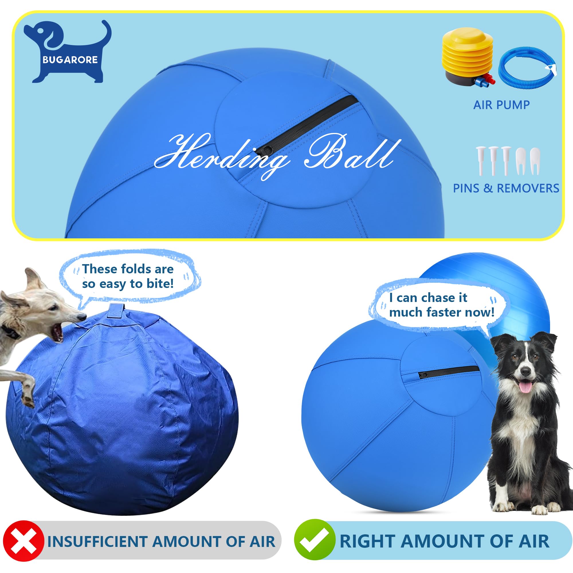 BUGARORE Herding Ball For Dogs - 18" Jolly Ball, Bite-Resistant, With Handle For Agility & Herding Training (Blue & Yellow, Medium)