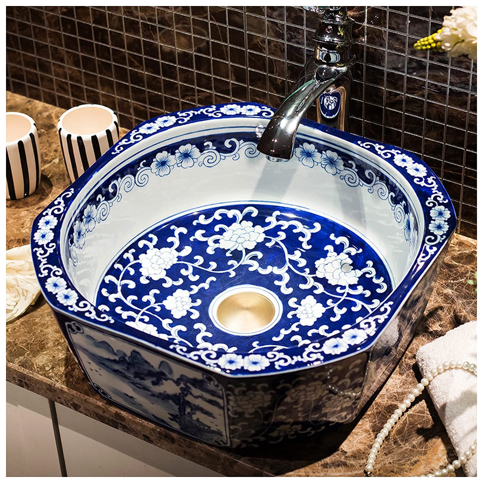 WOTZOV Vessel Sink Bathrooms Ceramic Basin, Hand Painted Vessel Sink Modern Above Counter Bathroom Vanity Bowl, For Bath Remodel, 40X15Cm