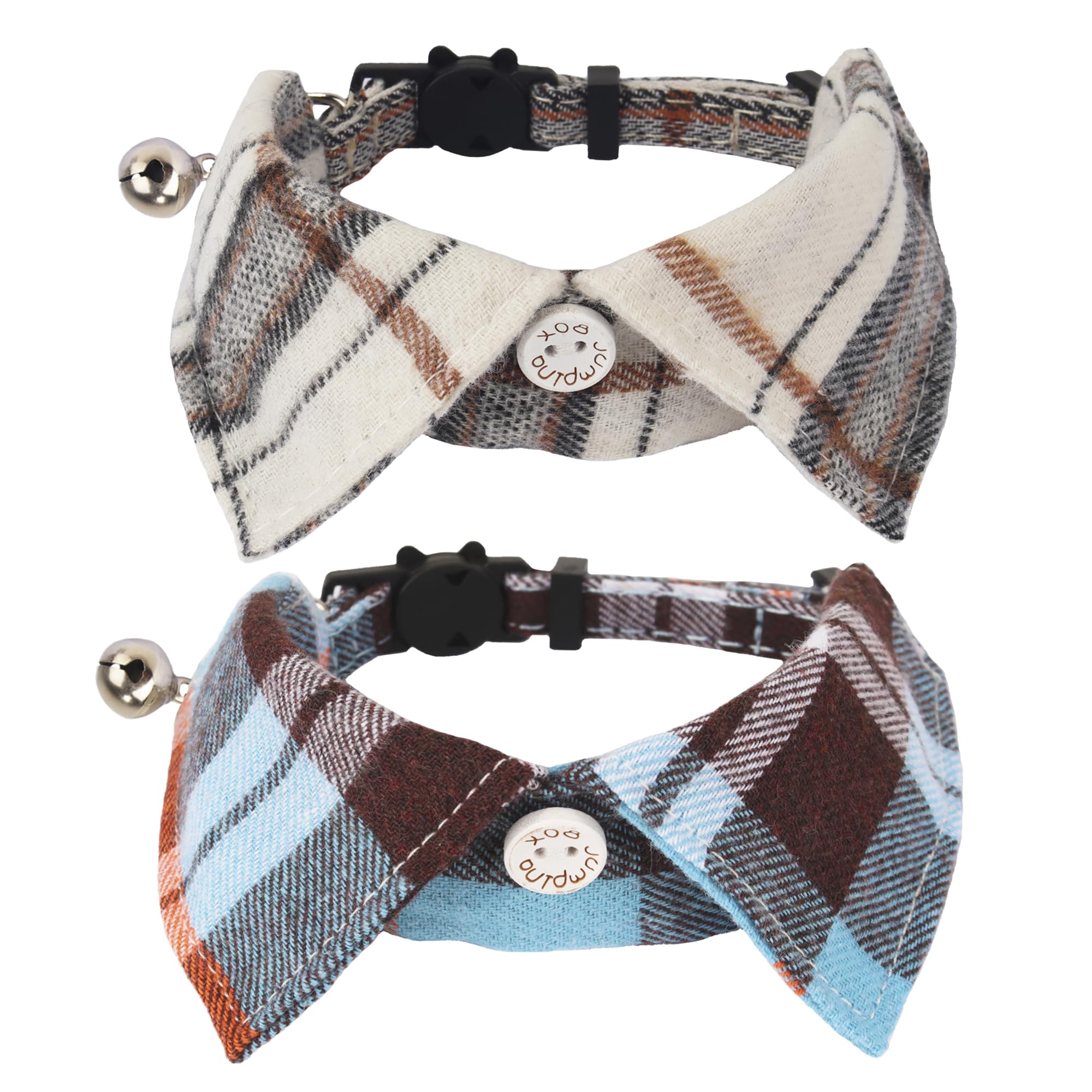 ADOGGYGO Cat Collar Breakaway with Bowtie Bell, Removable Shirt Collar, 2 Pack Beige Blue Plaid Collars for Cat Kitten