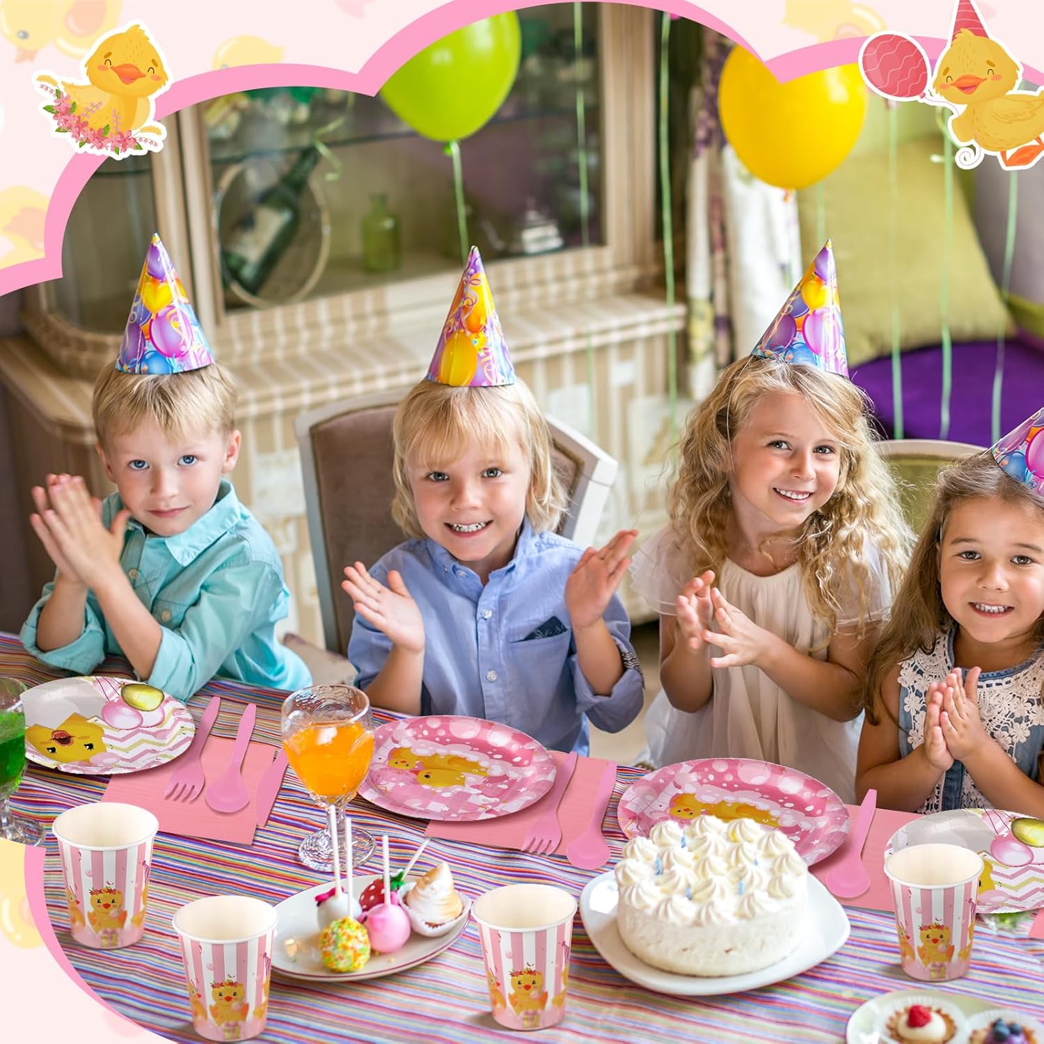 194 Pcs Duck Birthday Party Supplies Pink Rubber Duck Tableware Party Decorations Include Plates Napkins Cups Knives Forks Spoons for Kids Girl Boy Gender Reveal Baby Shower for 24 Guests - Image 7