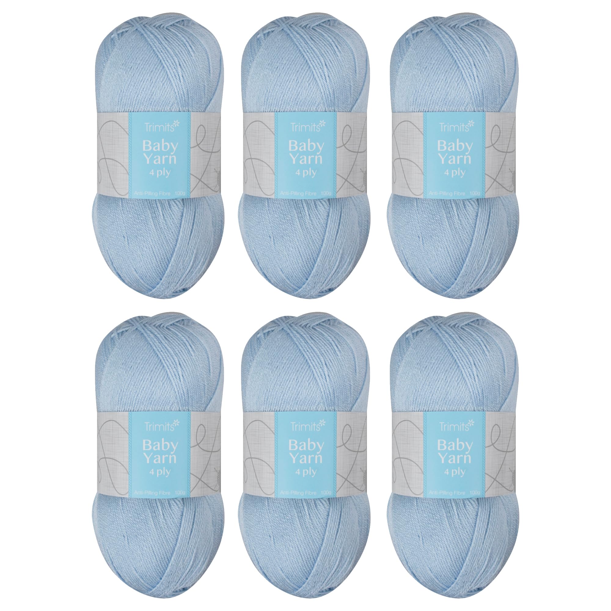 Trimits 4-Ply Acrylic Yarn Wool for Knitting and Crochet - 6 x 100g (400 metres) - Fine Soft Touch Easy Care Anti-Pilling Machine Washable Yarn, Oeko-TEX Certified Fibre, Baby Blue