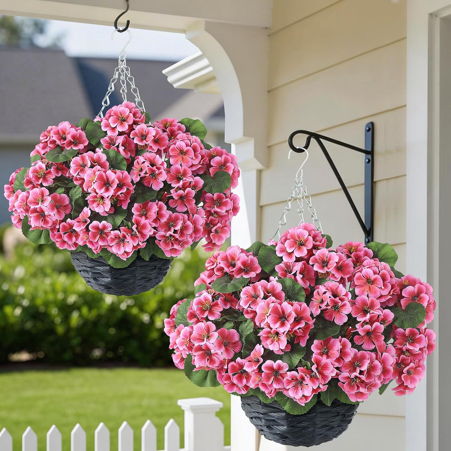 2 Set Artificial Geraniums Flowers with Hanging Baskets for Outdoors - Sun Resistant Silk with Geranium Flowers, Fake Hanging Planters for Front Porch Garden Patio Home Decor (Peach Pink)