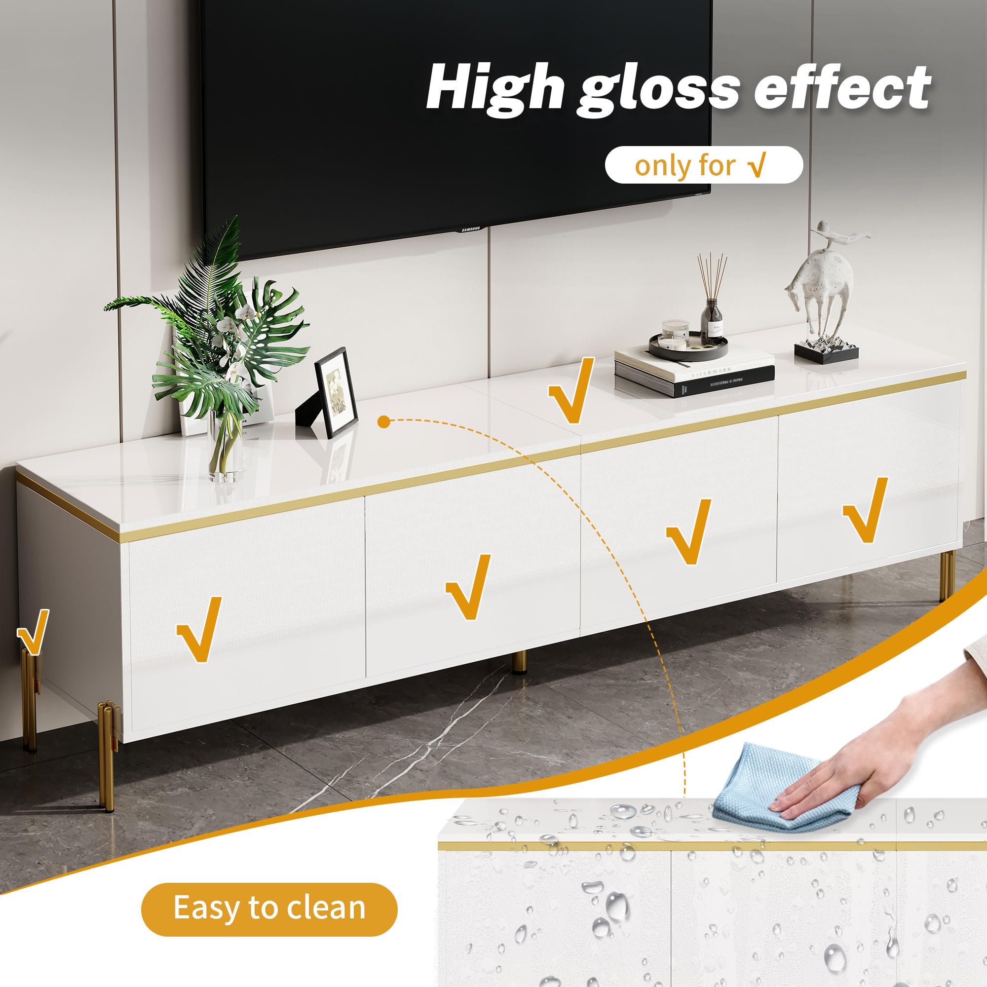 Modernes Luxus-TV-Schrank- und Couchtisch-Set, Hochglänzende Oberfläche in Unifarbe, Goldene Kanten, Großzügiger Stauraum (Weiß, Couchtisch-Set)