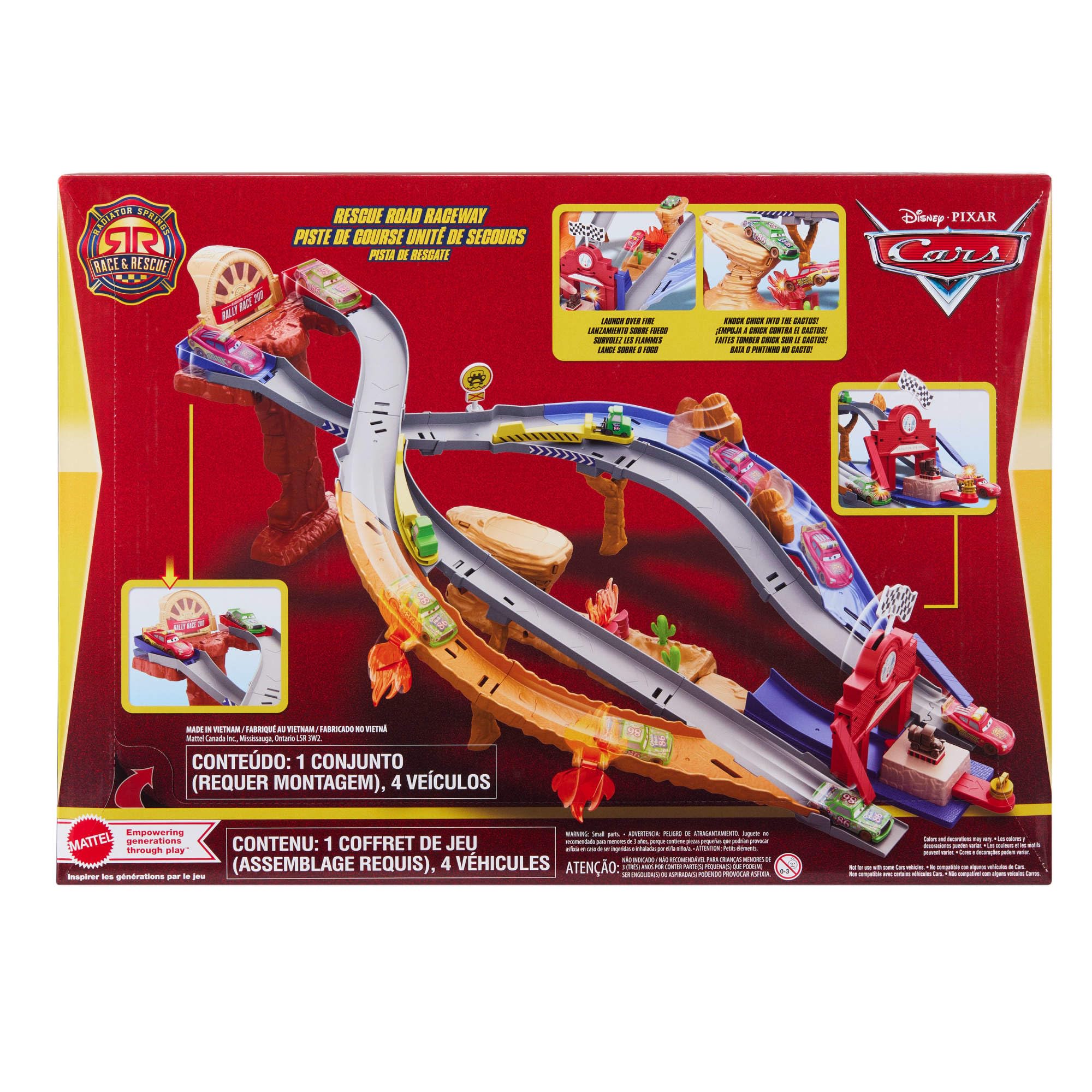 Mattel Cars Coffret Piste de Course Rescue Road Course de Radiator Springs avec Flash McQueen, Chicks Hicks et 2 véhicules Pitty, 2 façons de jouer, JFL57