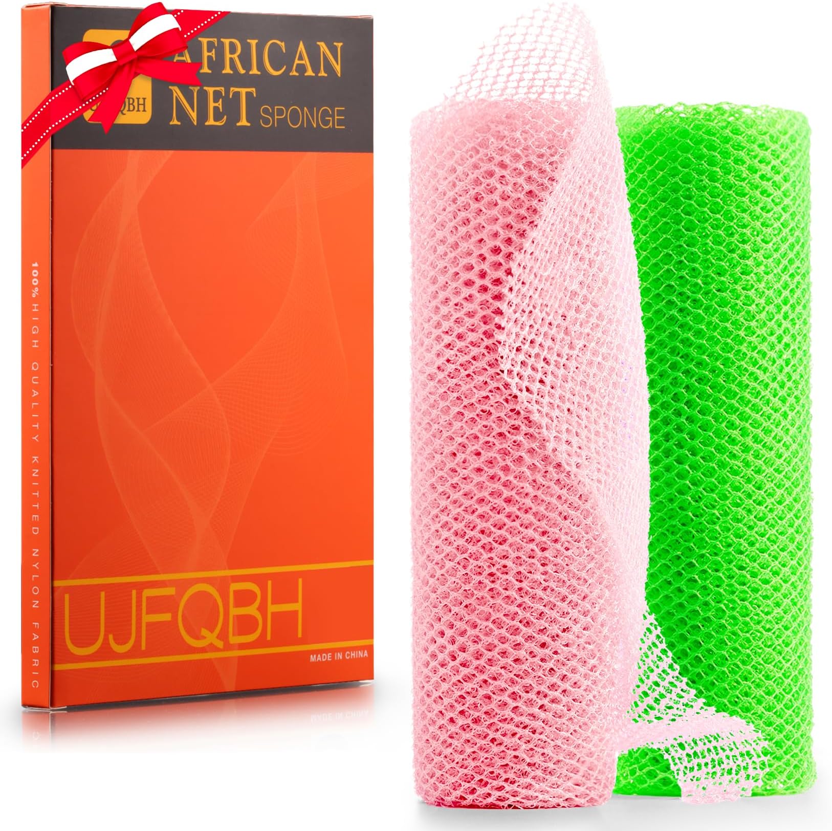 UJFQBH 2 Pieces African Net Sponge Long Bath Sponge Exfoliating Shower Body Scrubber for Daily Use, Terrific for Smoother Skin - Back Scrubber for a Refreshing Experience (Pink - Green)