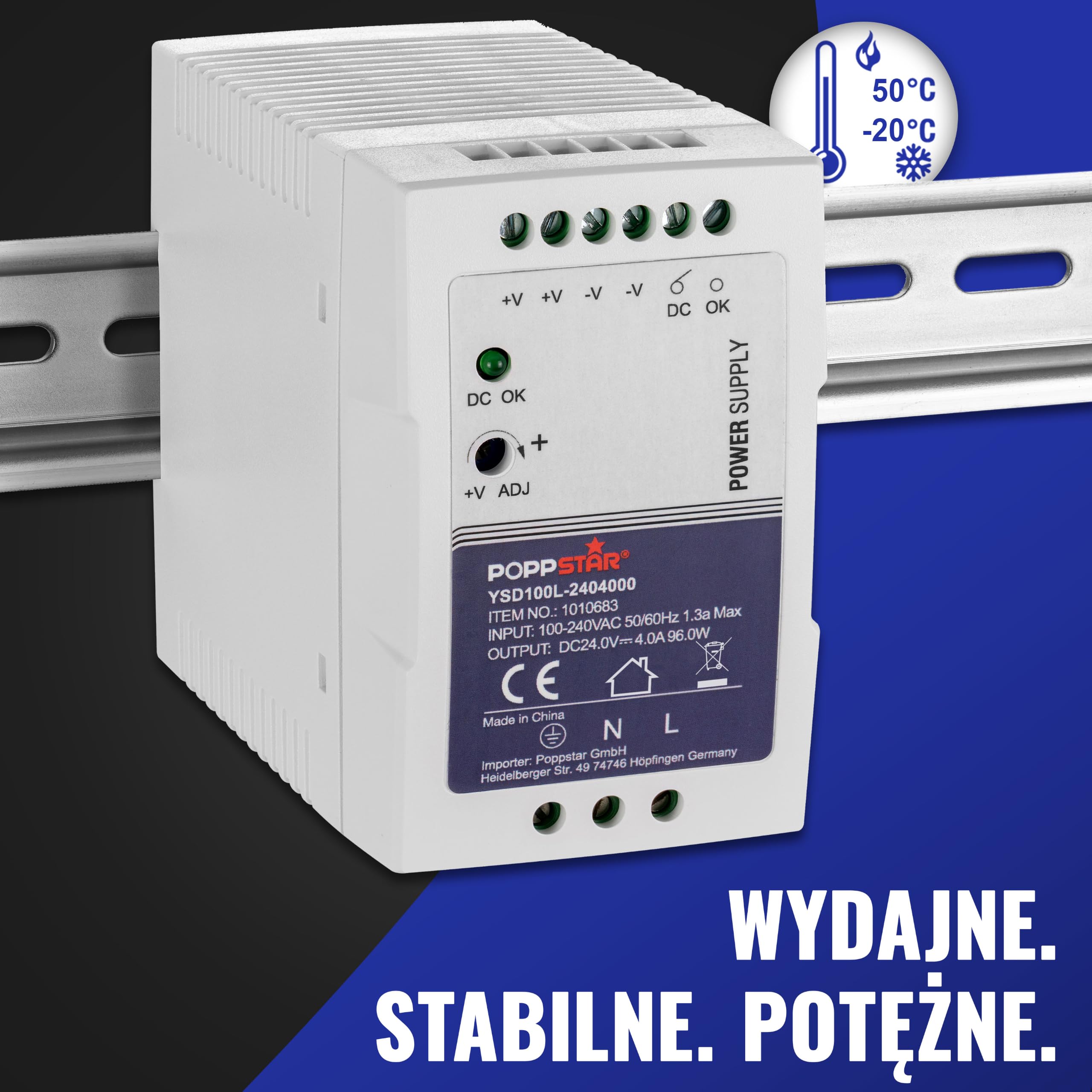 Poppstar superpłaski zasilacz na szynę montażową 24V DC 4 A 96 W, zasilacz DIN-Rail (96 W z PFC) transformator do szyn montażowych 55x100x92mm