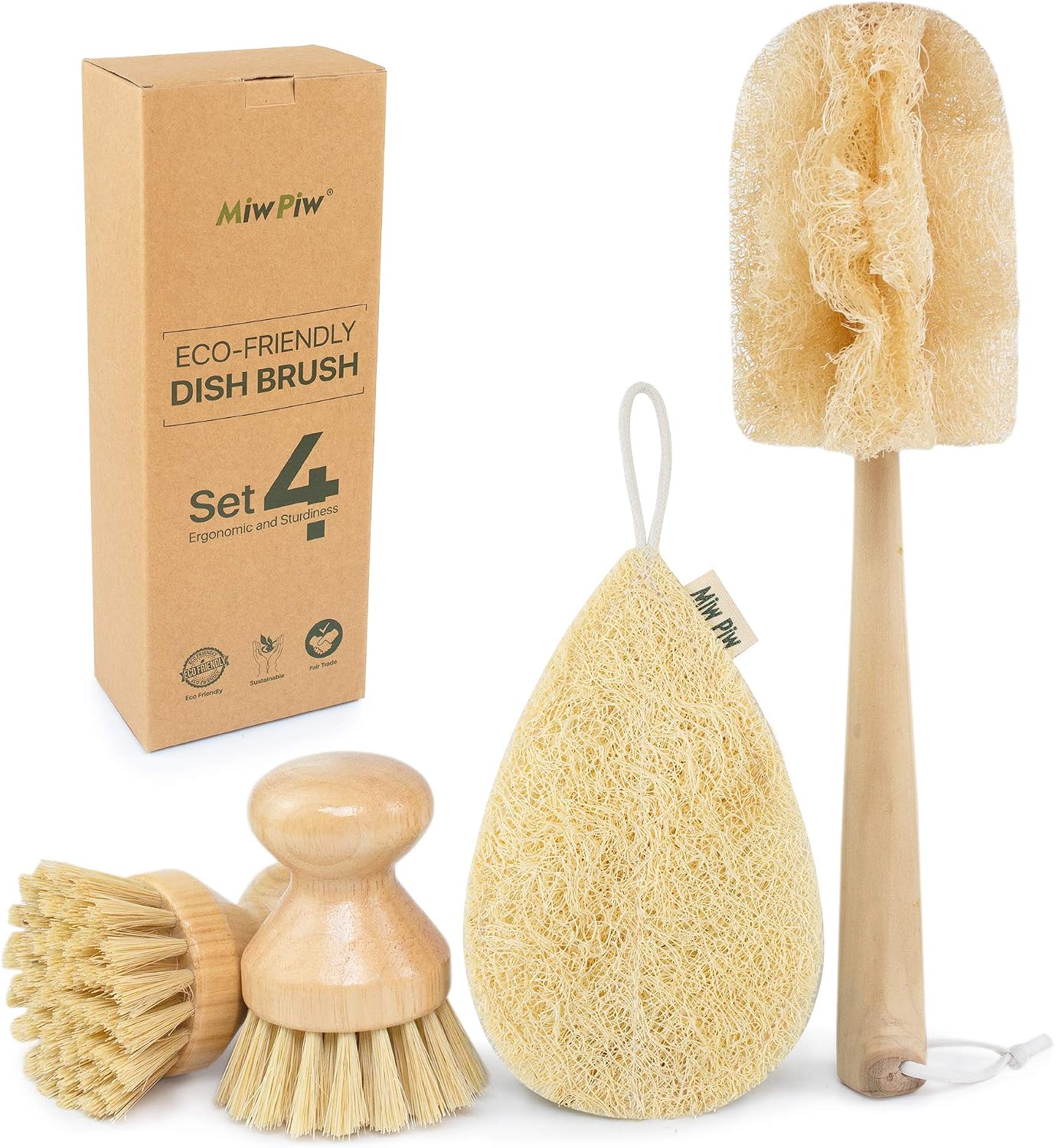 Kitchen Scrub Brush, All Natural Cleaning Brushes for Dish Bottle Vegetable Pan Pot, Scrubber with Bamboo Handle and Coconut Fibers Bristles (4)