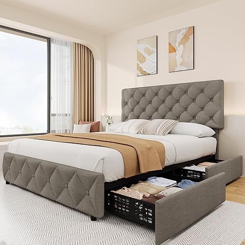 Miniatura 13 de IDEALHOUSE Base de cama tamaño Queen con 4 cajones de almacenamiento y cabecera ajustable, camas de plataforma tapizadas con tapizado de rombos para