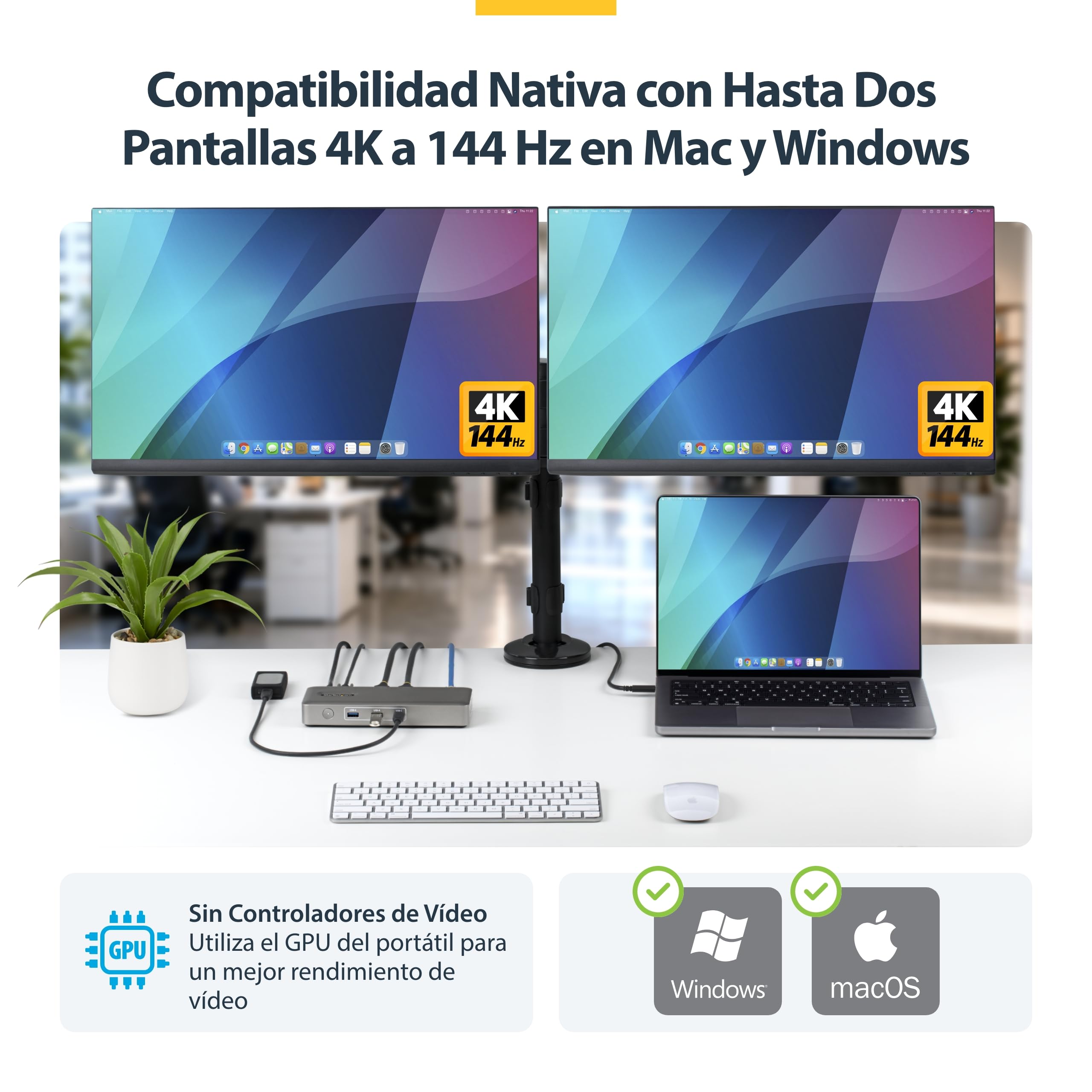 StarTech Dock USB4 Universal, 4K 144Hz Doble o 8K 60Hz DisplayPort, 100W | 4K 144Hz doble u 8K 60Hz, Ethernet de 2,5Gbps, Arranque PXE y Wake-on-LAN, Ranuras de bloqueo, Montaje VESA