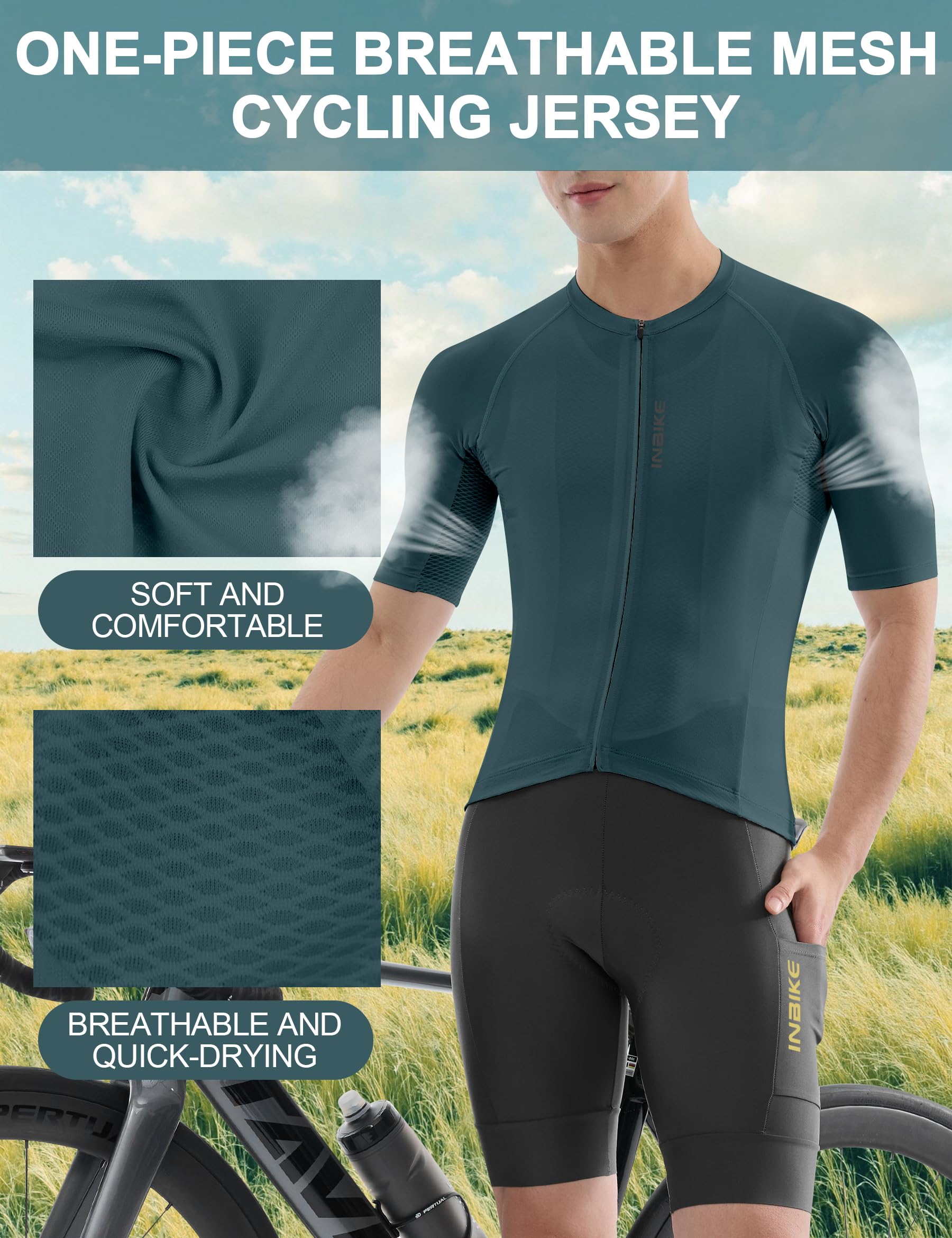 INBIKE Radtrikot Herren Kurzarm Atmungsaktives Sommer Fahrradtrikot mit Mesh-Einsatz Enges Rennrad Trikot FahrradShirt mit Anti-Rutsch Saum für Radsport MTB Farrad E-Bike