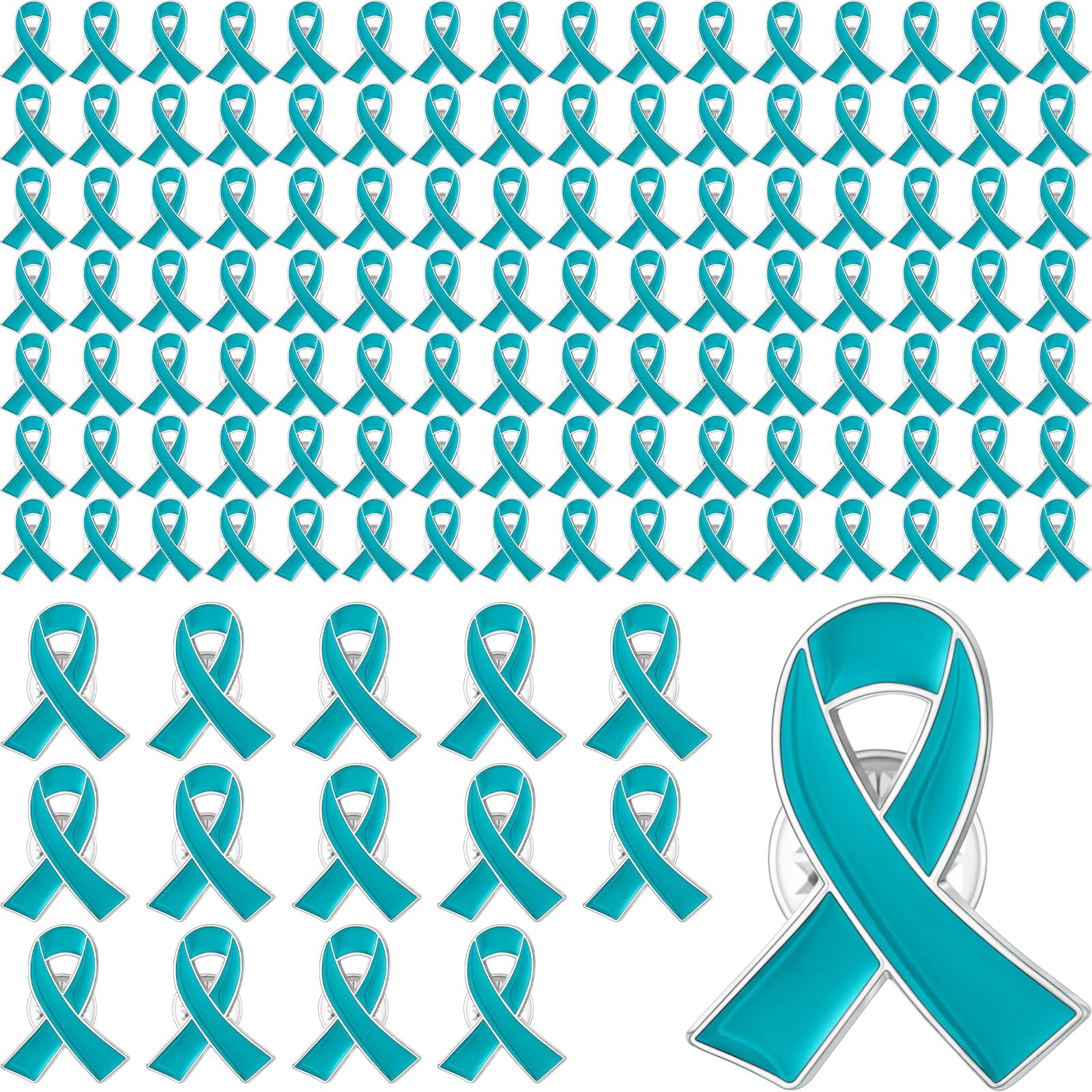 Sasylvia 100 Pcs Teal Ribbon Lapel Pins Bulk Ovarian Cervical Cancer Sexual Assault Awareness Products Scleroderma PTSD Awareness Thyroid Cancer Jewelry Metal Pin Badge Brooch