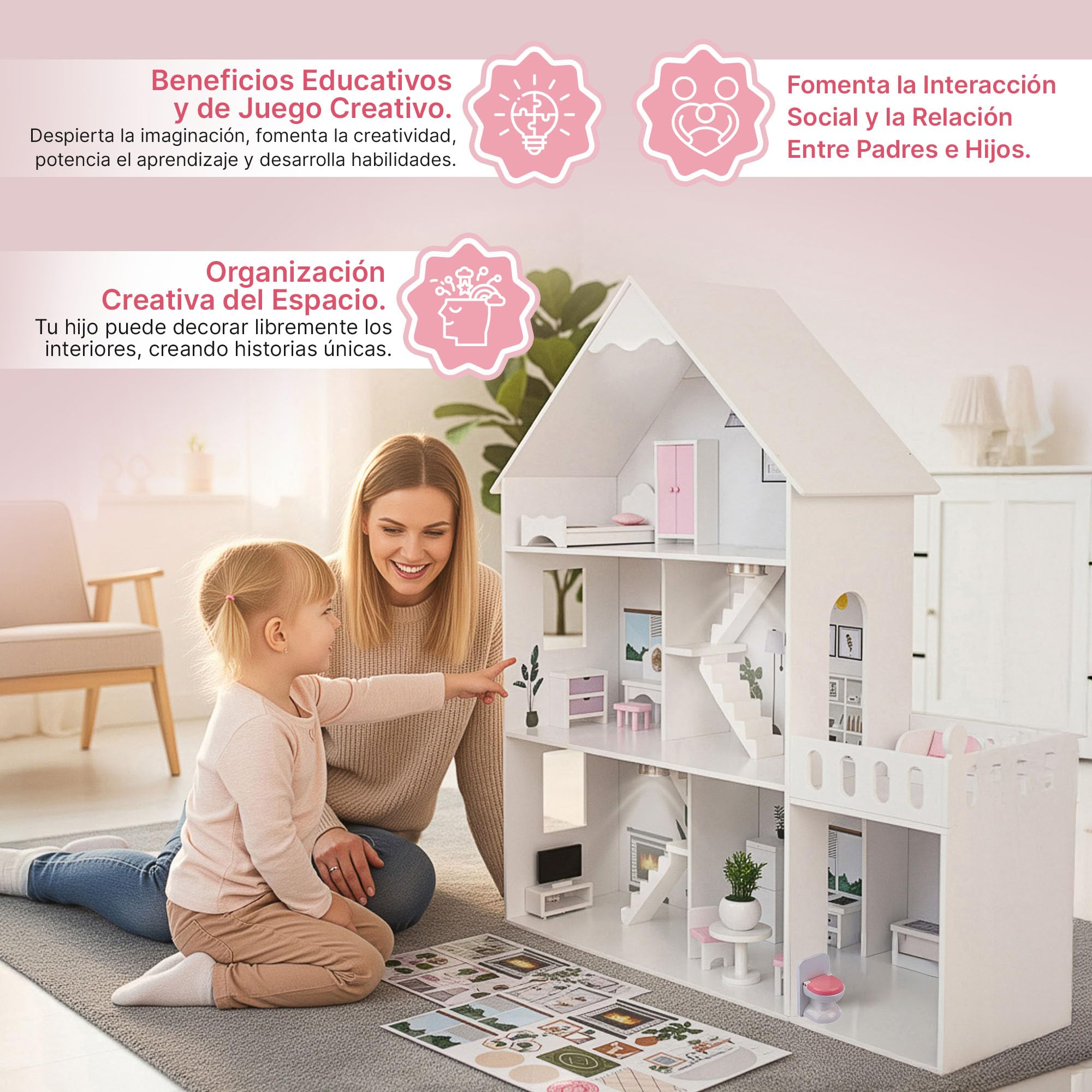 Barbie Casa de muñecas de madera grande 118 cm – Kinderplay 3 pisos casa de muñecas para niños con muebles, luz LED, pegatinas y accesorios – Casa de juegos de madera moderna regalo a partir de 3 años